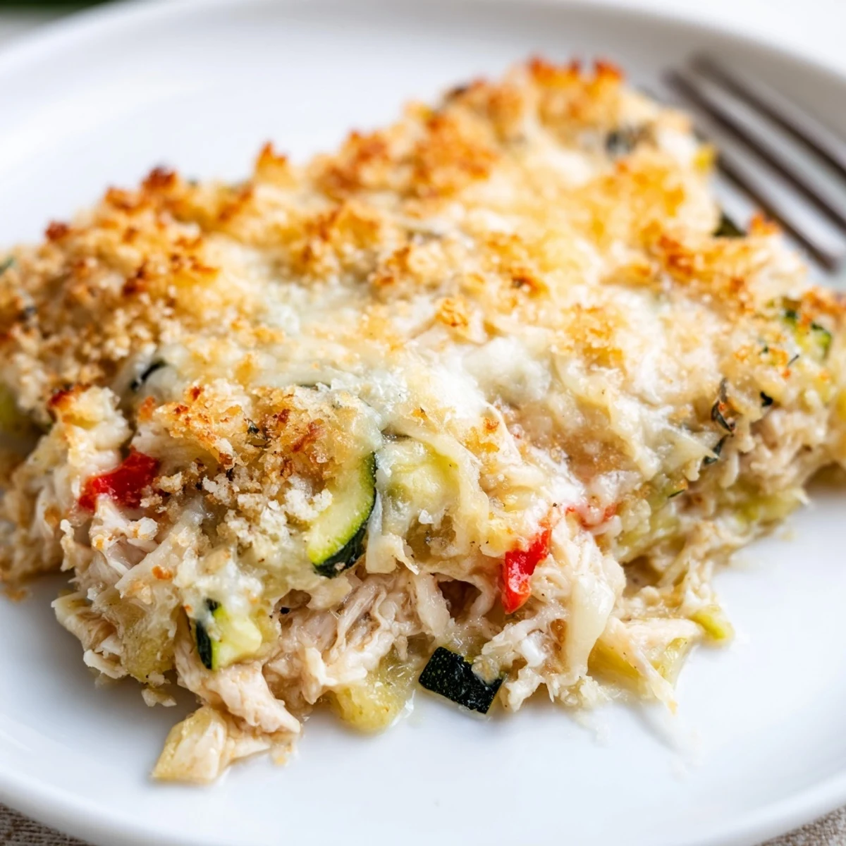Family Friendly Chicken Zucchini Bake cooling on counter, cheesy top and tender zucchini.