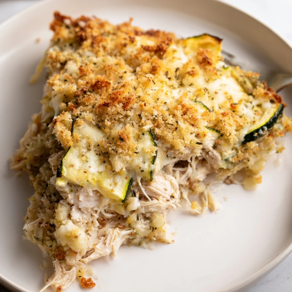 Hearty Family Friendly Chicken Zucchini Bake served with fresh green salad for weeknight comfort.
