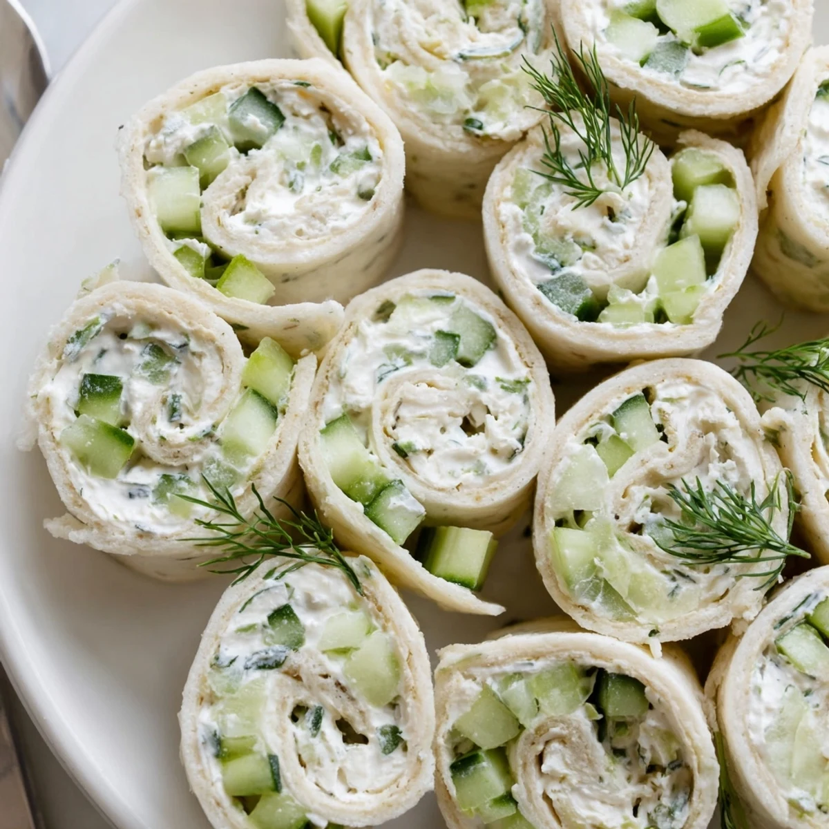 Close-up of Cucumber And Dill Pinwheels showing crisp cucumber and fragrant dill