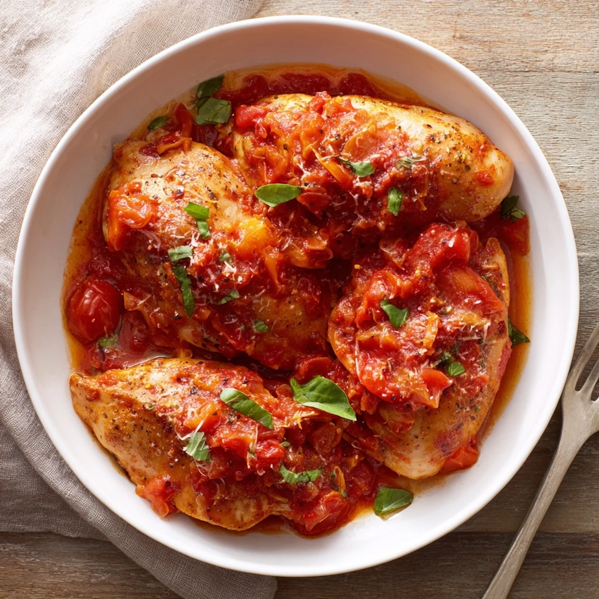 Slow Cooker Tomato Basil Chicken Breasts simmering in rich tomato sauce, topped with basil
