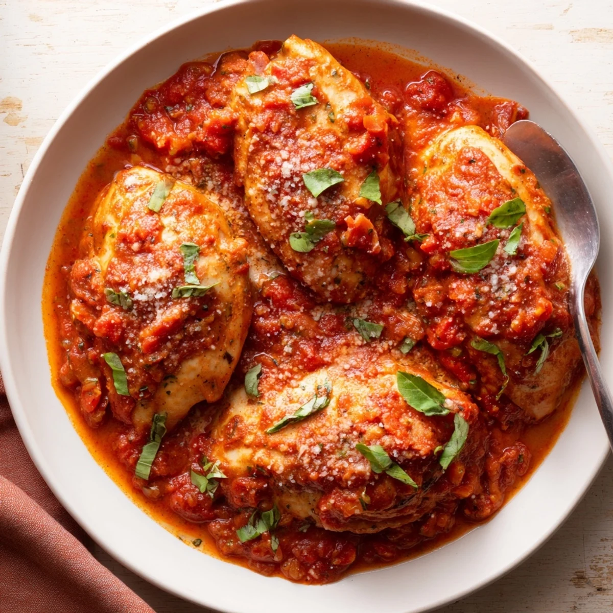 Slow Cooker Tomato Basil Chicken Breasts tender, juicy, spooned over warm rice