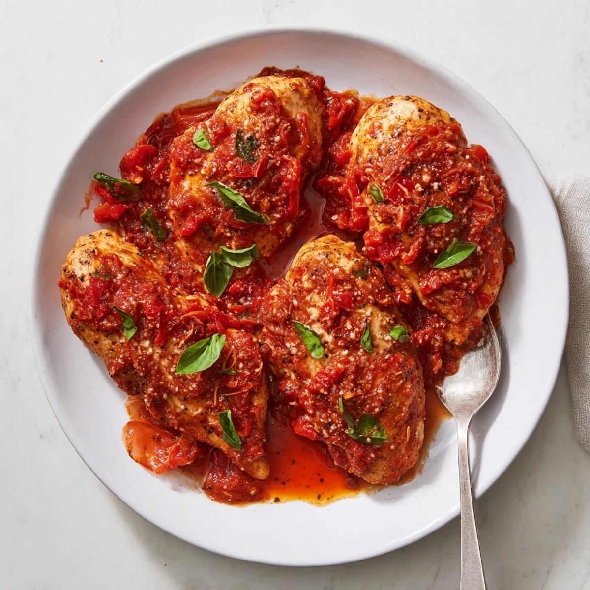 Slow Cooker Tomato Basil Chicken Breasts creamy tomato basil sauce, garlic aroma, basil garnish