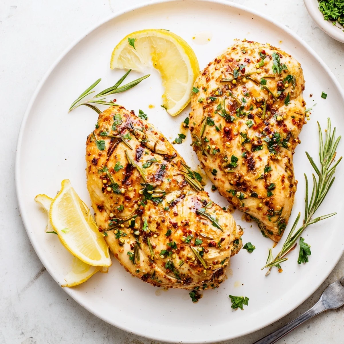 Golden herb rubbed grilled chicken breasts with charred grill marks and fresh green parsley garnish on a white serving platter