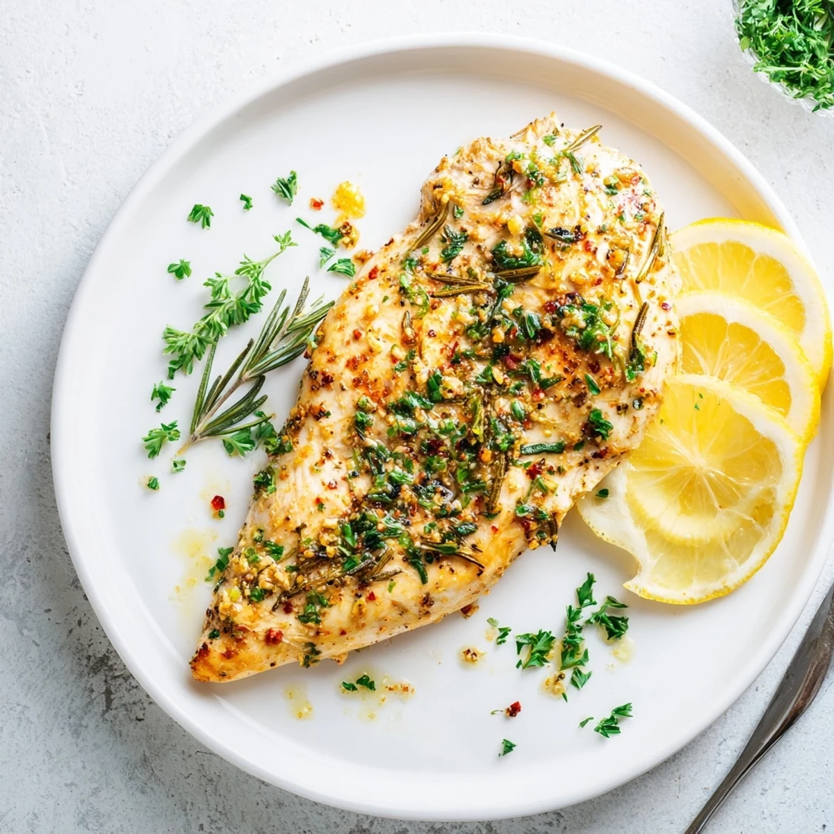 Juicy savory herb rubbed grilled chicken delight resting with lemon wedges and aromatic rosemary sprigs on a rustic wooden board