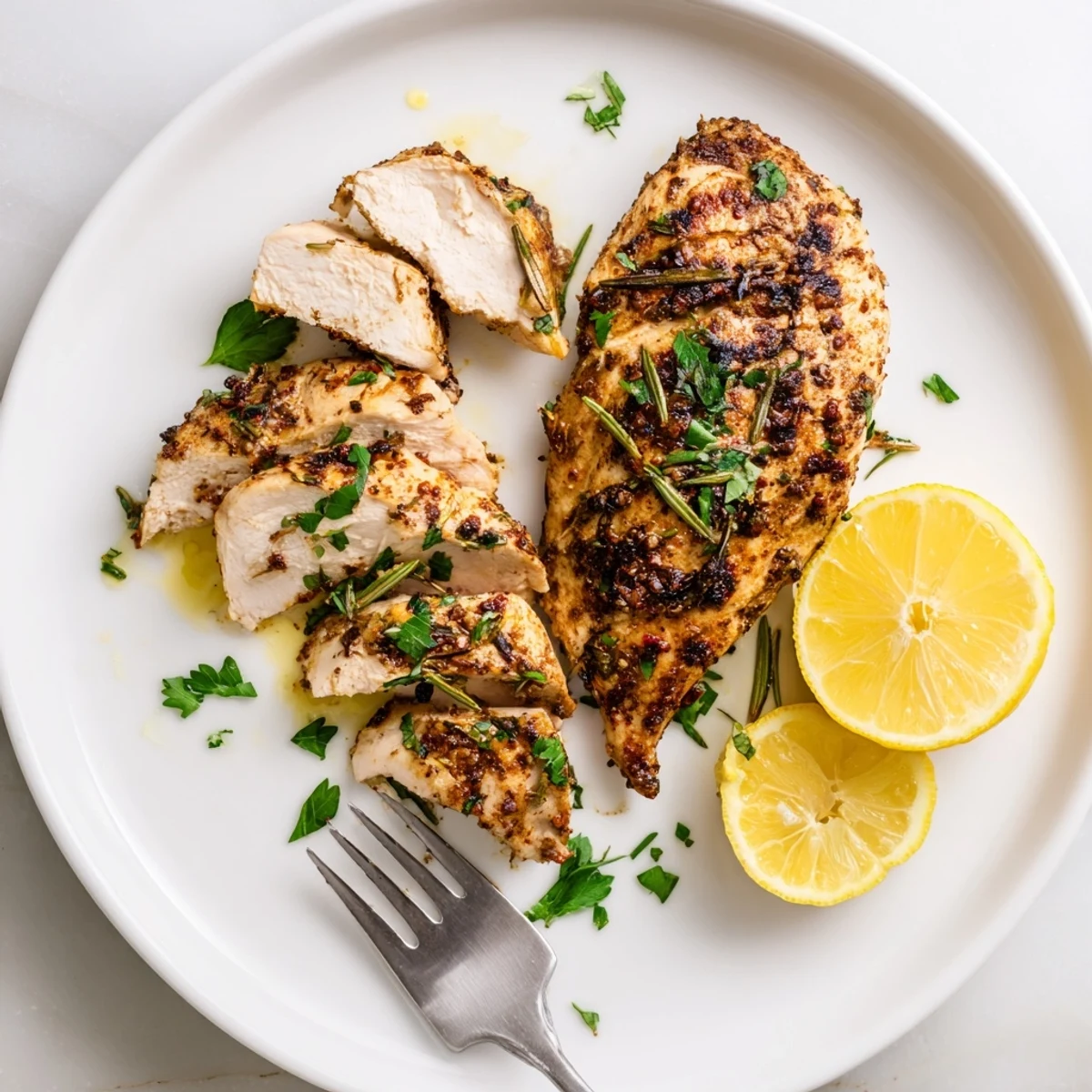 Perfectly grilled chicken breasts coated in vibrant herb paste featuring smoky charred edges and zesty lemon garnish