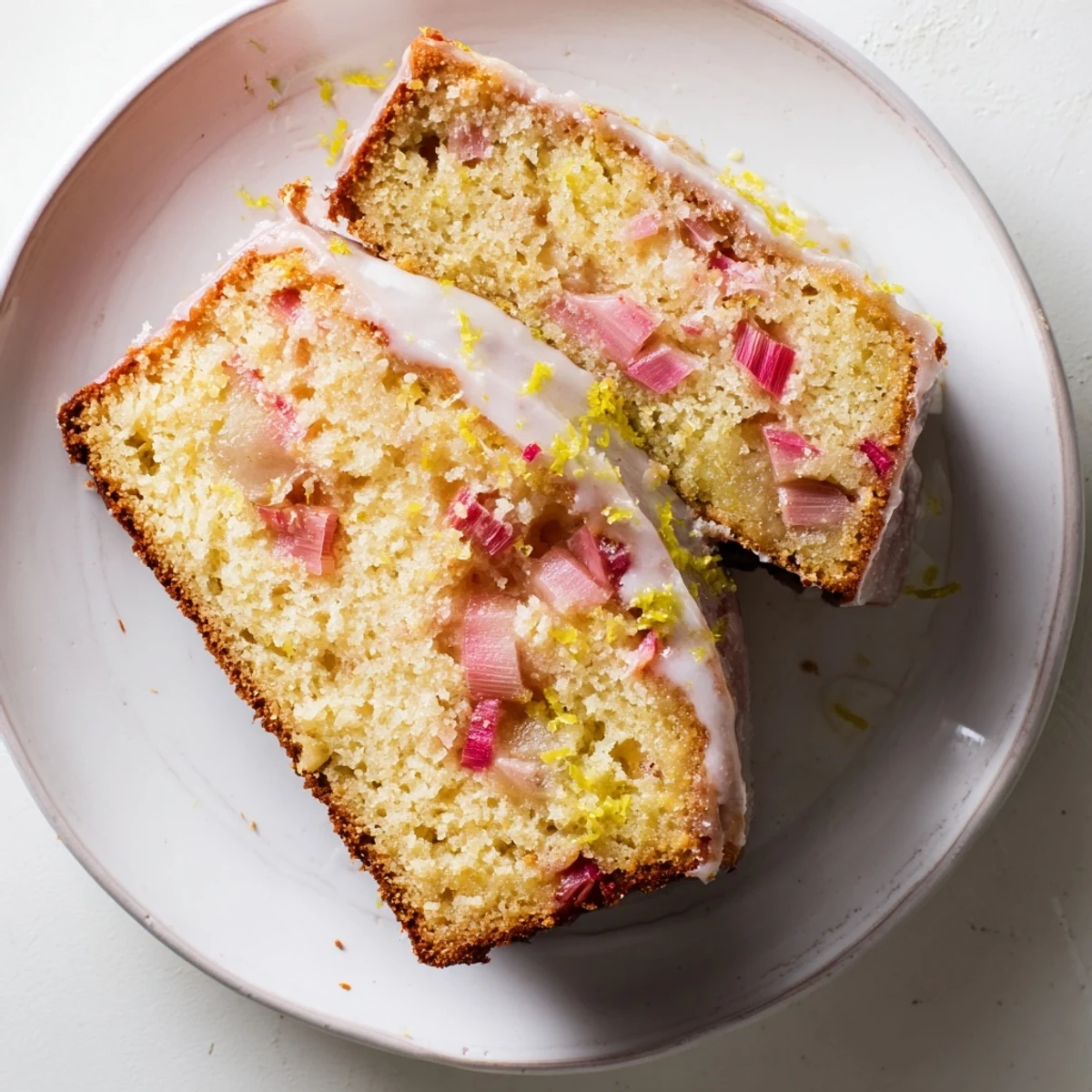 Golden rhubarb lemon drizzle cake with tart red fruit pieces peeking through moist yellow crumb