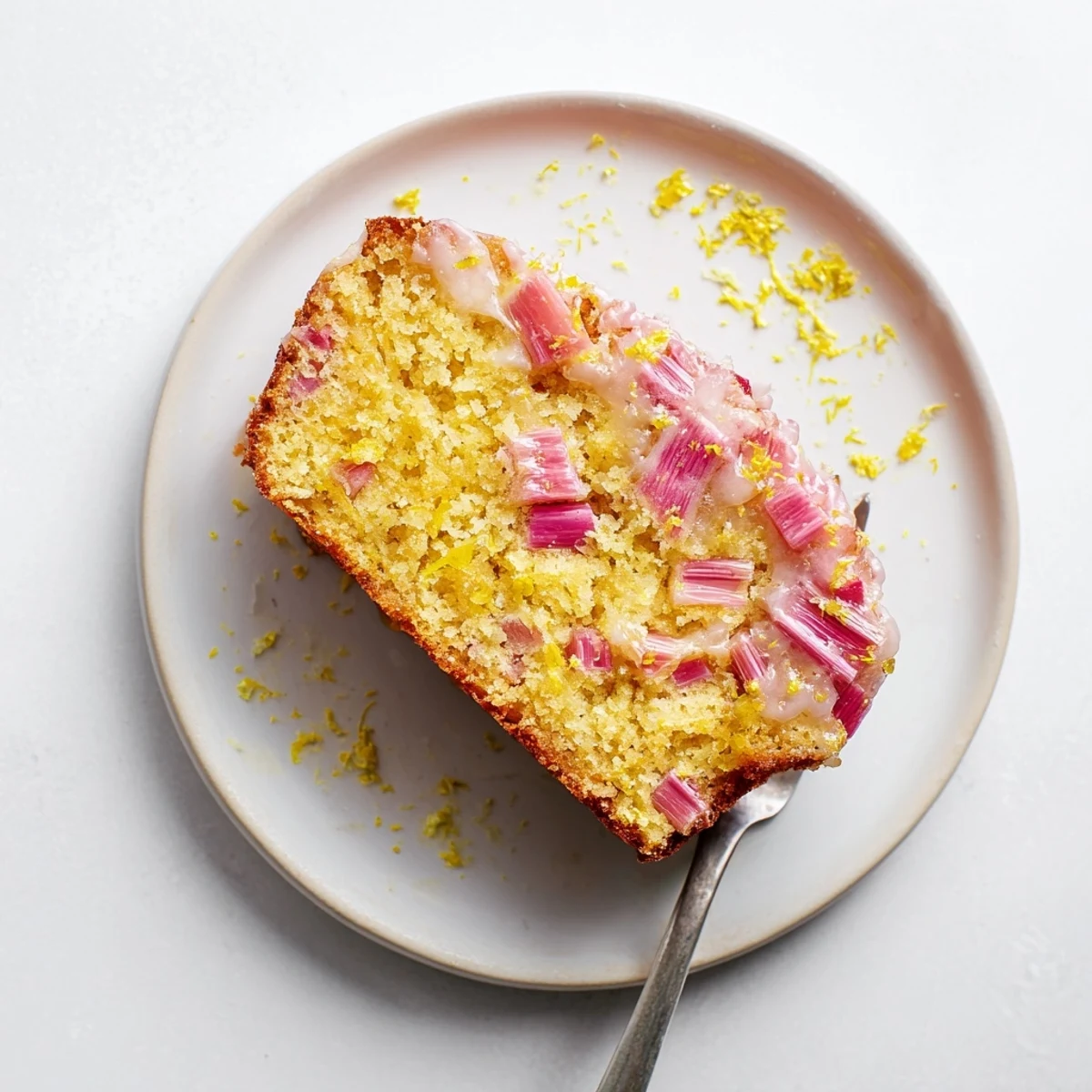 Slice of zesty rhubarb lemon drizzle cake glistening with sweet citrus glaze on white plate