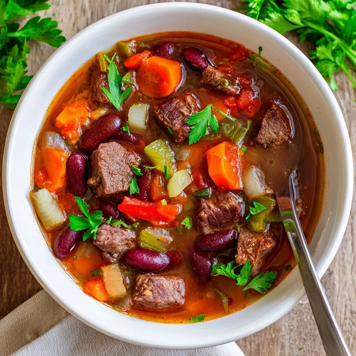 Hearty beef and bean soup delight simmered with carrots, celery, and kidney beans in rich broth