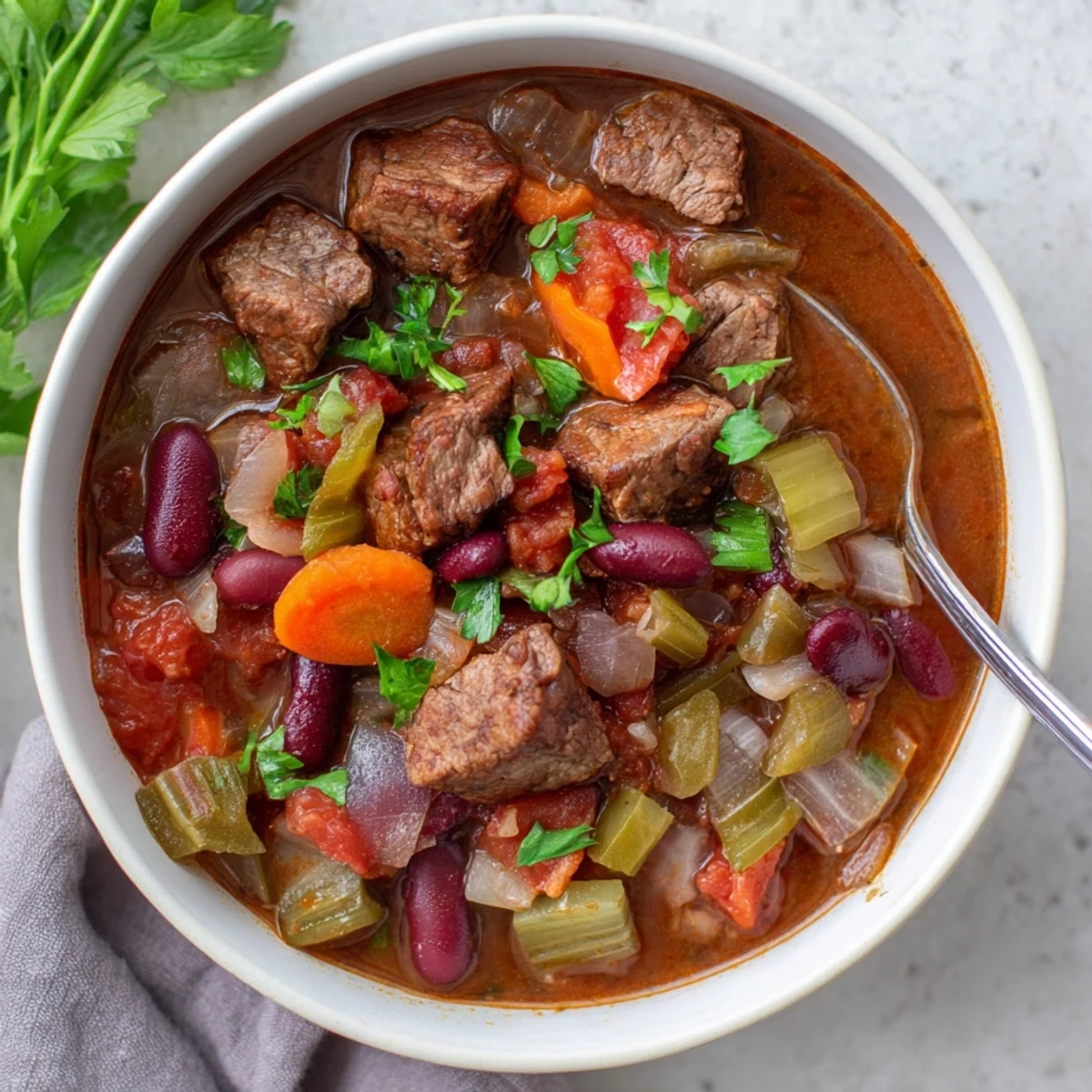 Rustic beef and bean soup delight garnished with fresh parsley, served in white bowl with crusty bread
