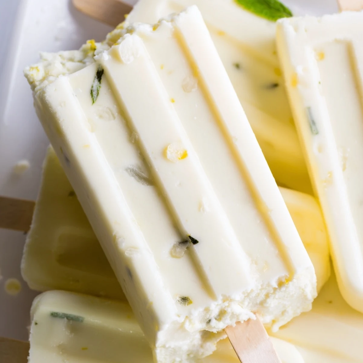 Frozen lemon yogurt popsicles displayed on wooden board with fresh lemon slices and mint garnish