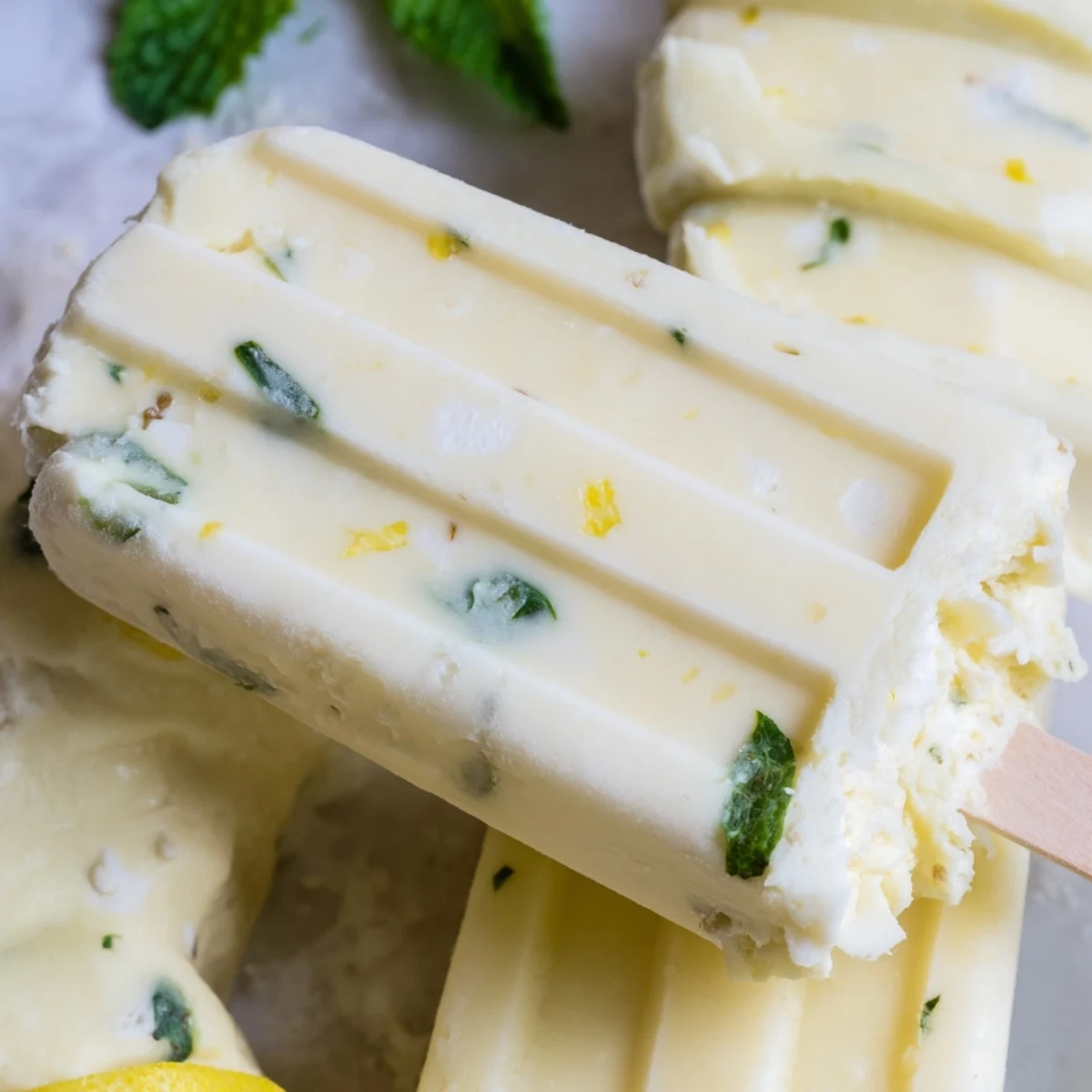 Creamy zesty frozen lemon yogurt popsicles in molds with yellow lemon zest sprinkled on top