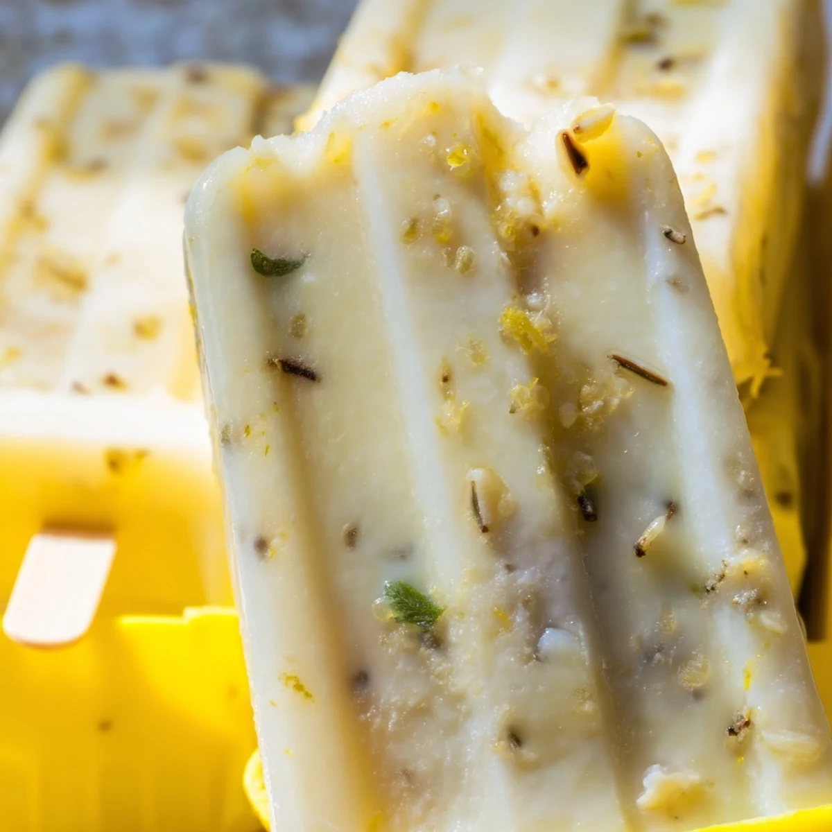 Close up of refreshing frozen lemon yogurt popsicles being held against bright summer sky background