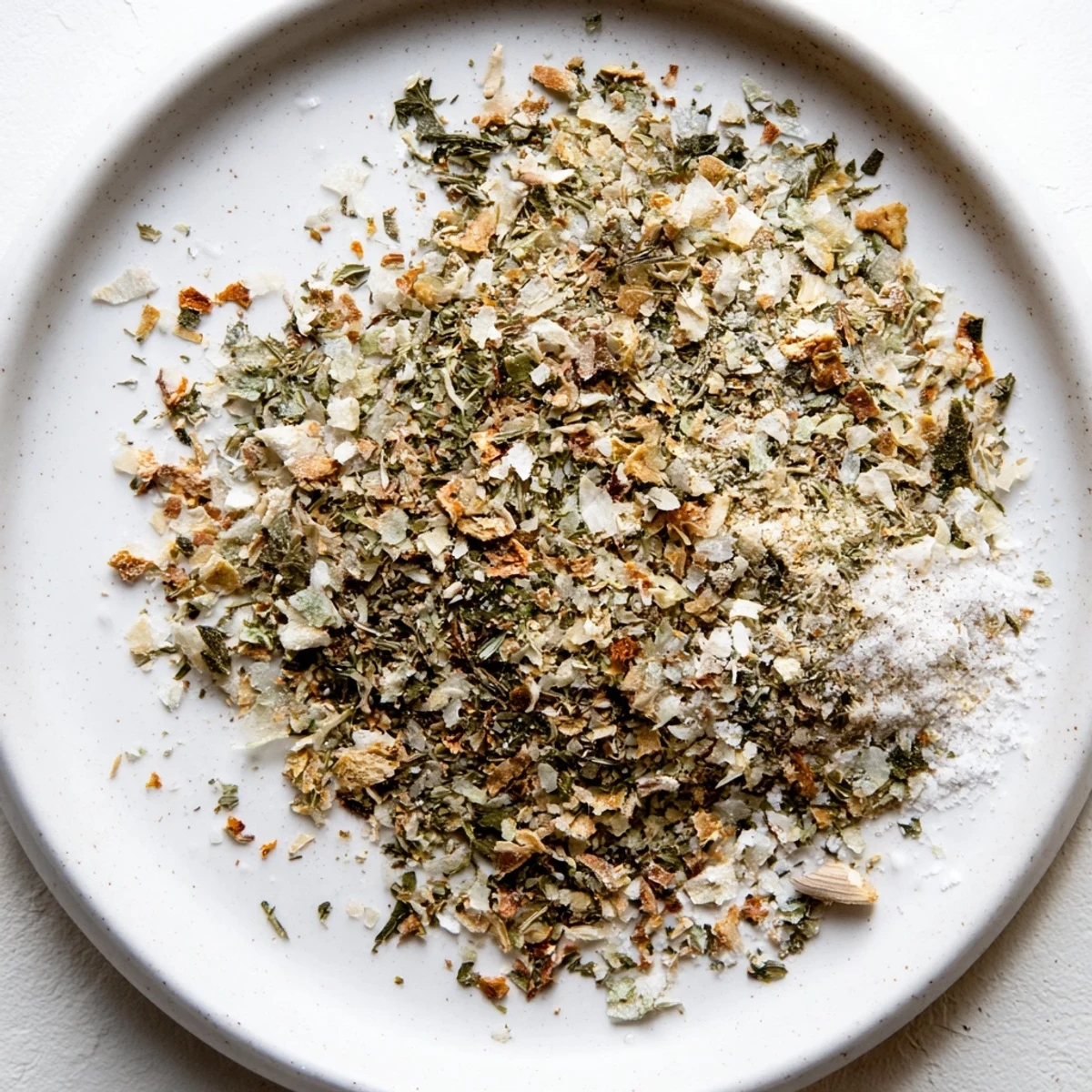 Homemade dehydrated tzatziki seasoning mix with dried cucumber flakes and fresh green herbs in glass jar