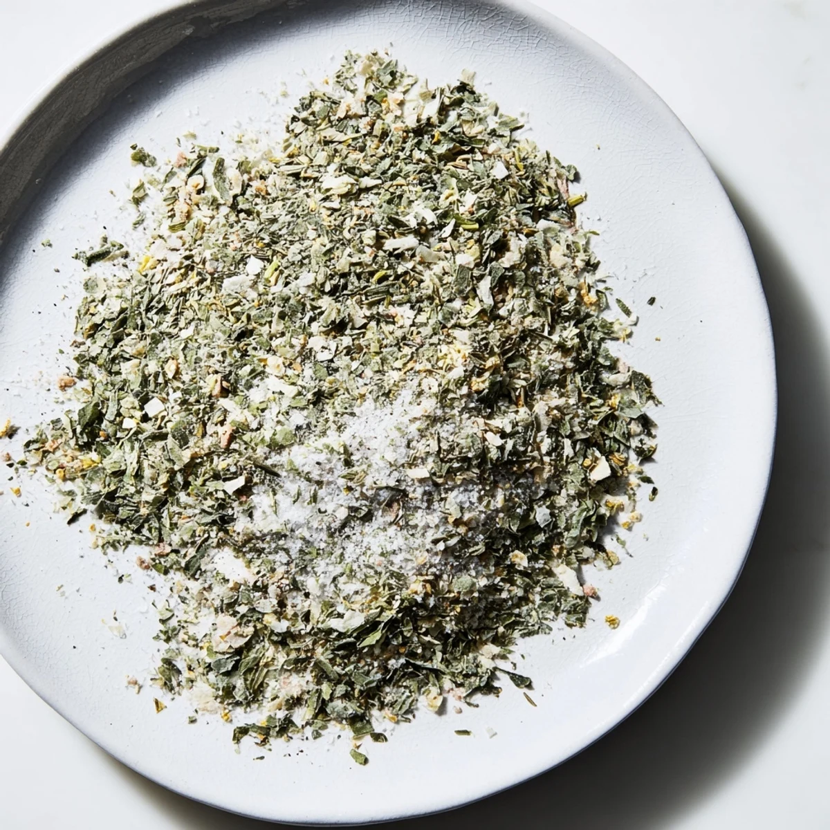 Close-up of Greek tzatziki seasoning blend with dill and mint sprinkled over creamy yogurt dip