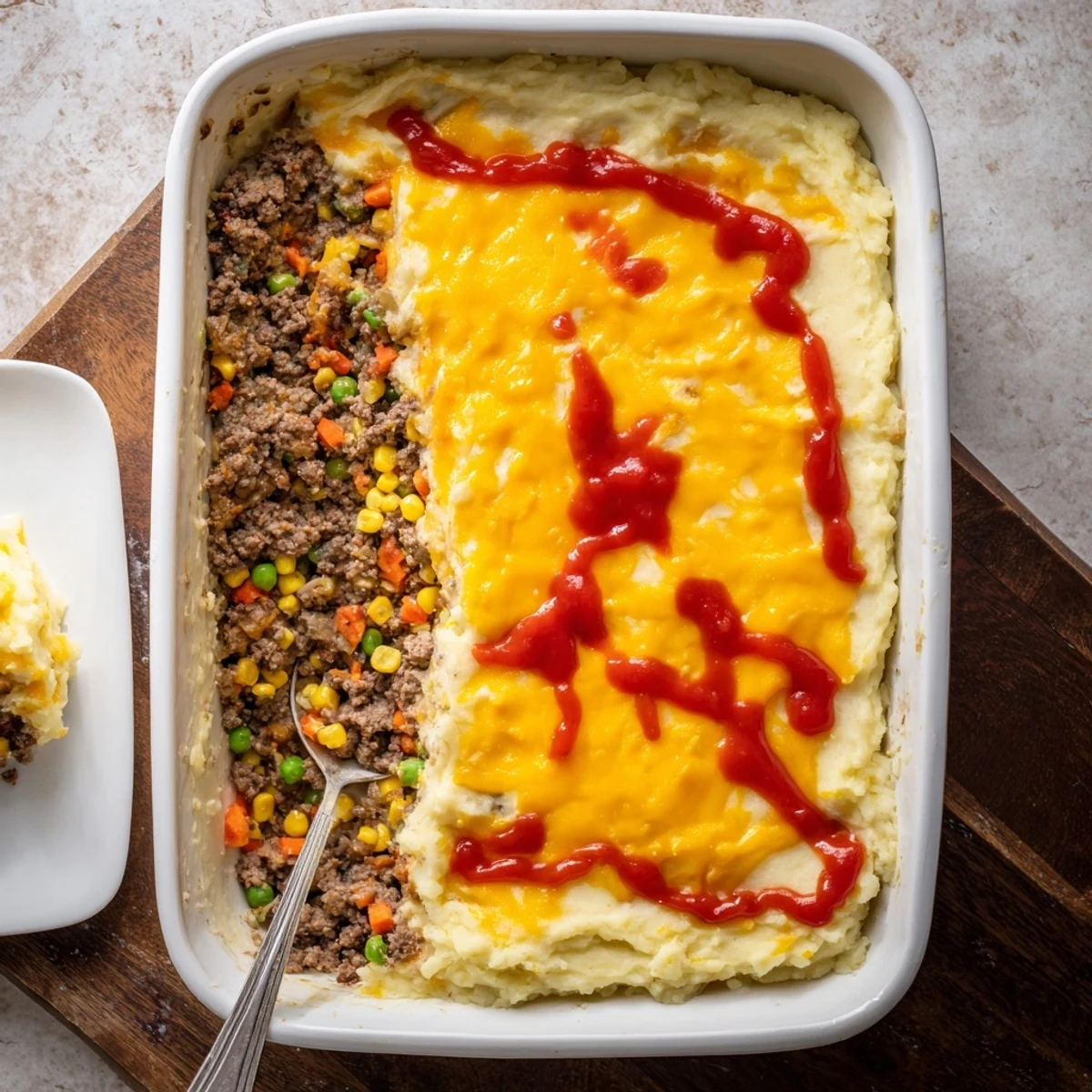 Golden-topped meatloaf casserole with creamy mashed potato layer and melted cheddar cheese bubbling in baking dish