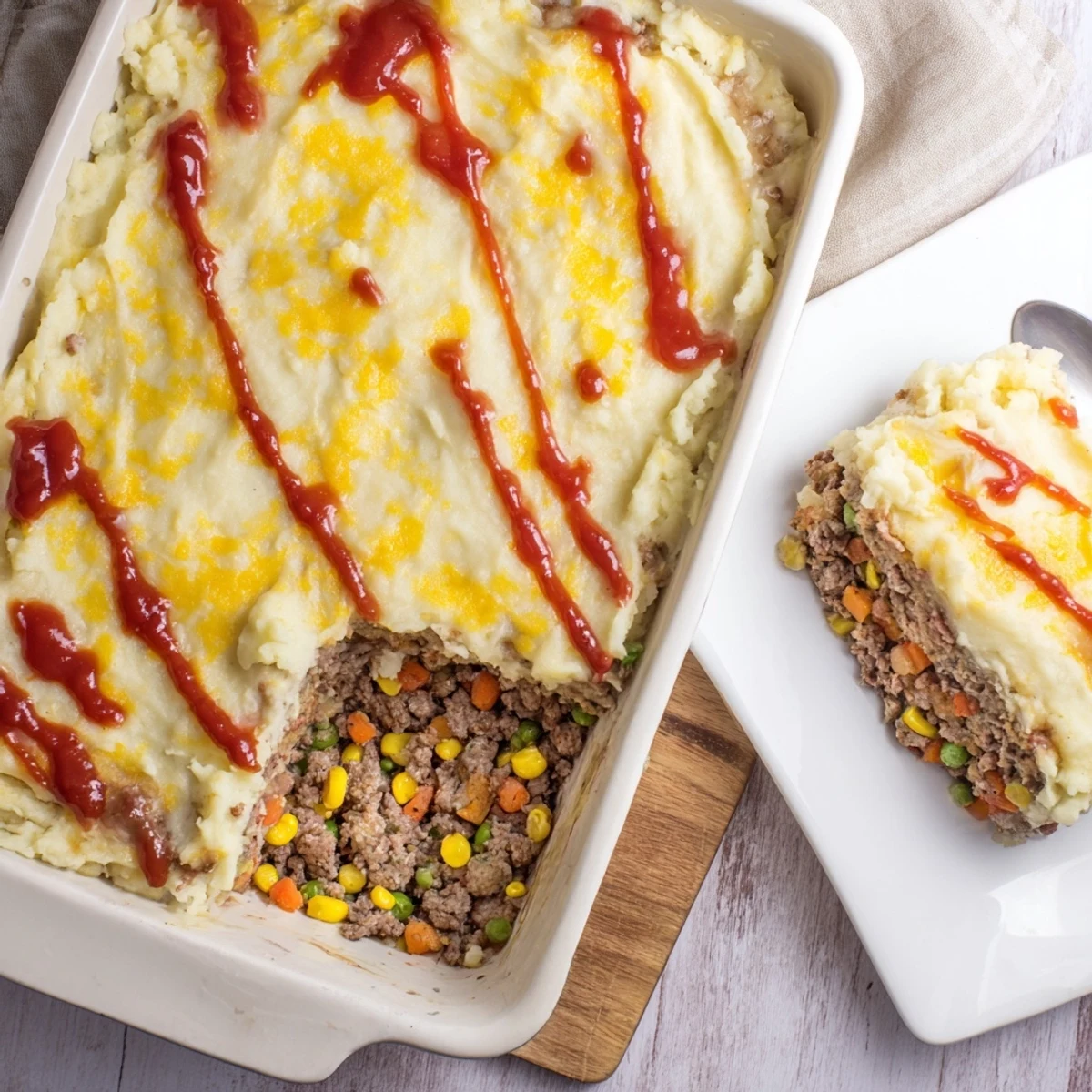 Comforting meatloaf casserole plated showing meat and vegetable base topped with smooth mashed potatoes and melted cheddar