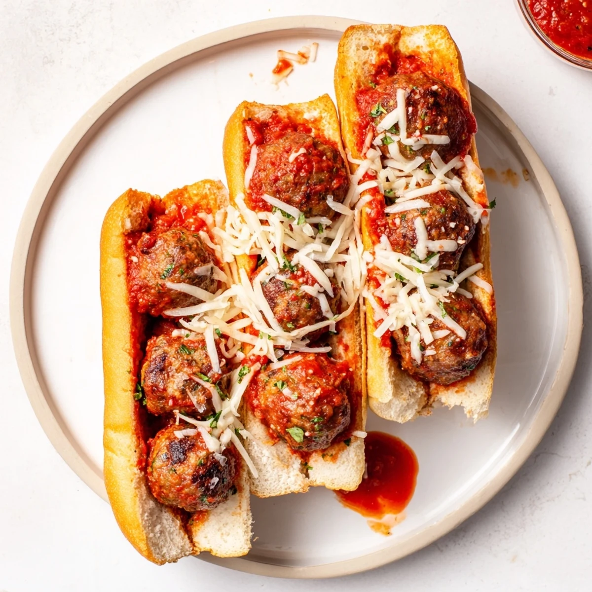 Golden brown meatballs nestled in marinara topped with melted mozzarella on toasted sub rolls