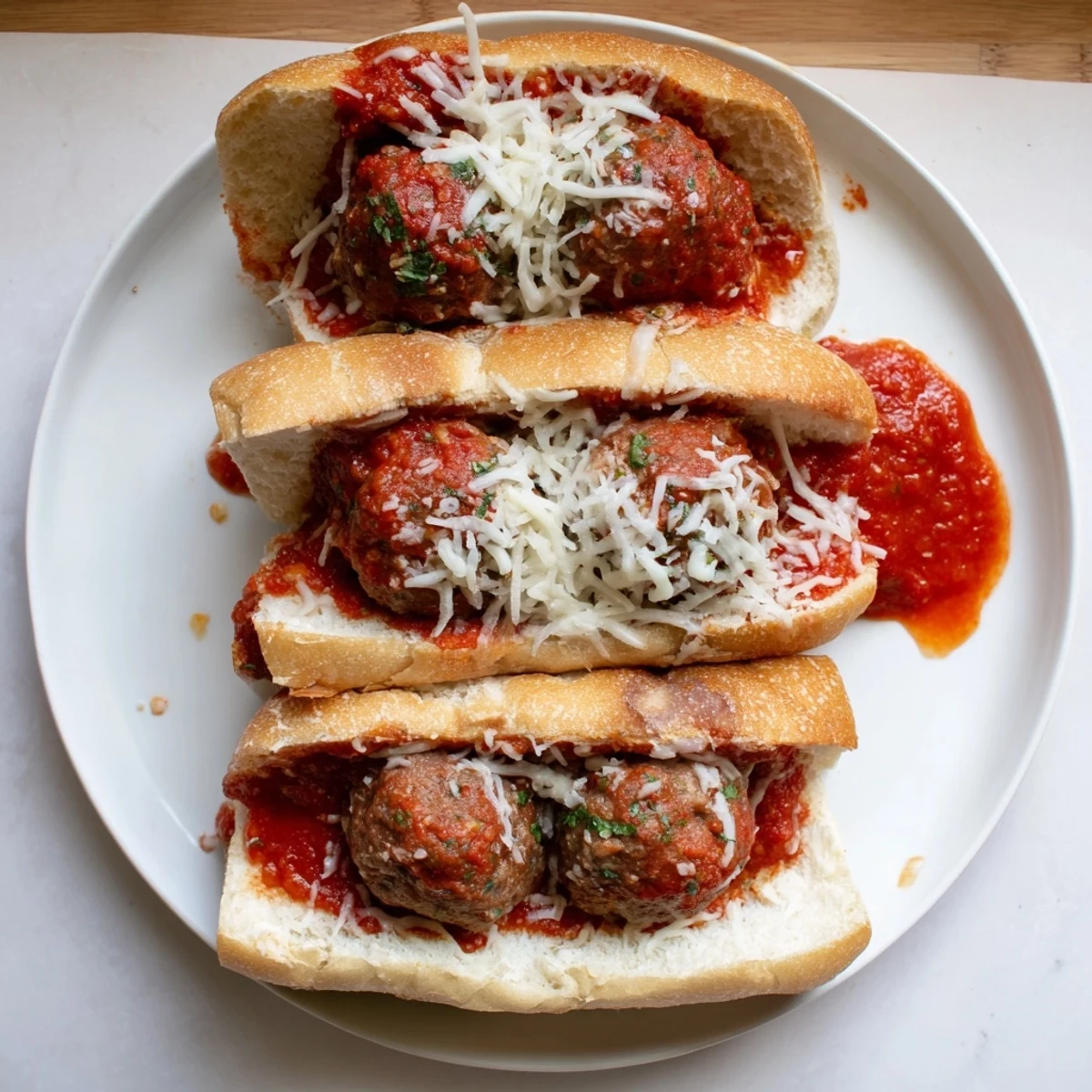 Savory homemade meatballs smothered in red sauce and gooey cheese inside crusty Italian sandwich rolls