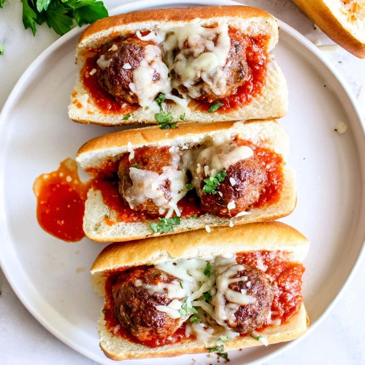 Bubbly cheesy meatball subs with juicy beef meatballs and tomato sauce on garlic butter toasted bread