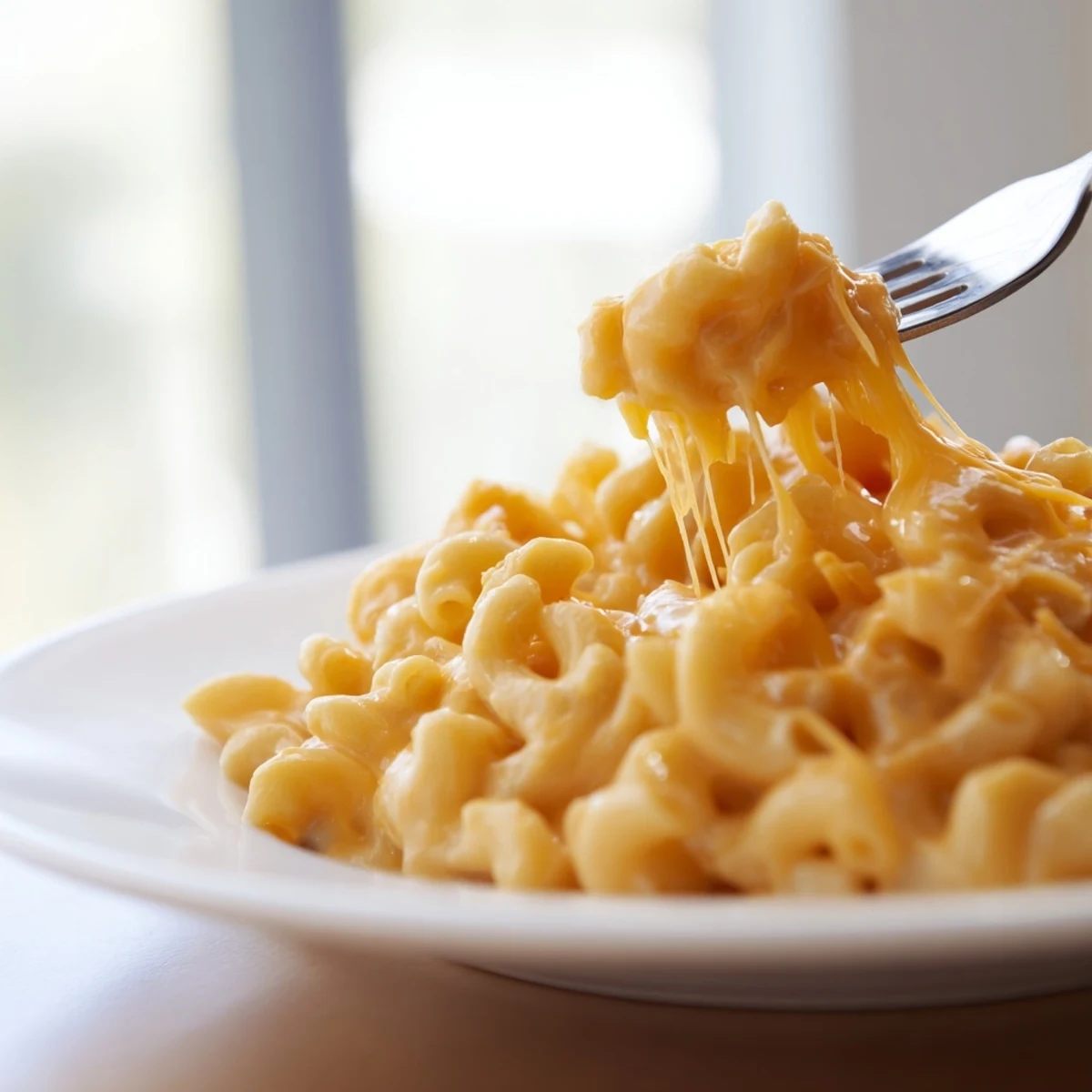 Tender elbow macaroni coated in rich melted cheddar sauce served on a rustic wooden table