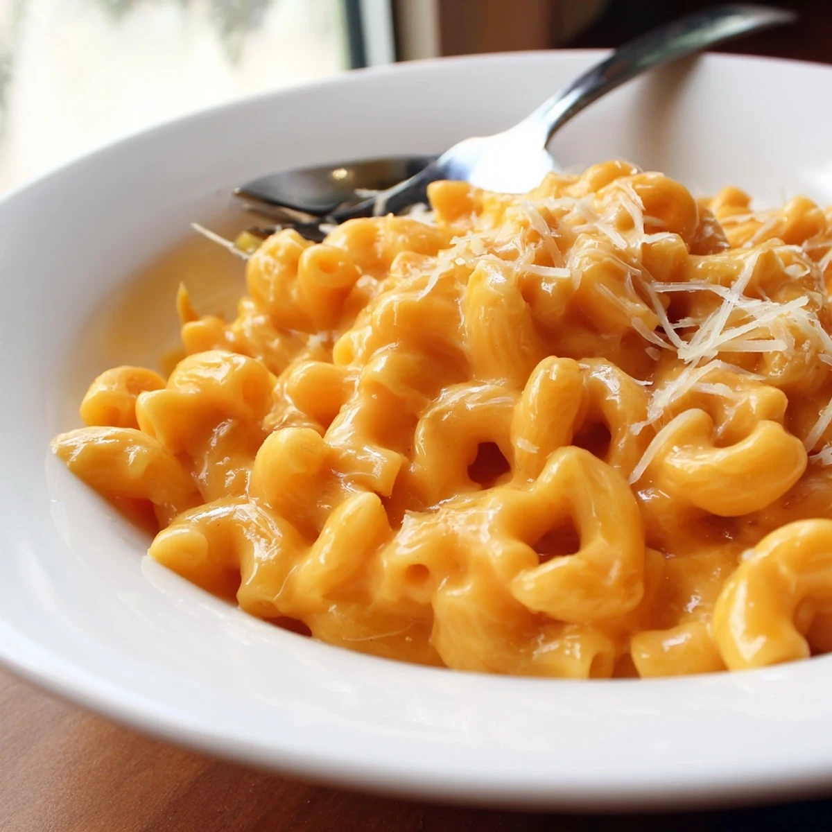 Creamy homemade mac and cheese bubbling in a white baking dish with golden breadcrumb topping