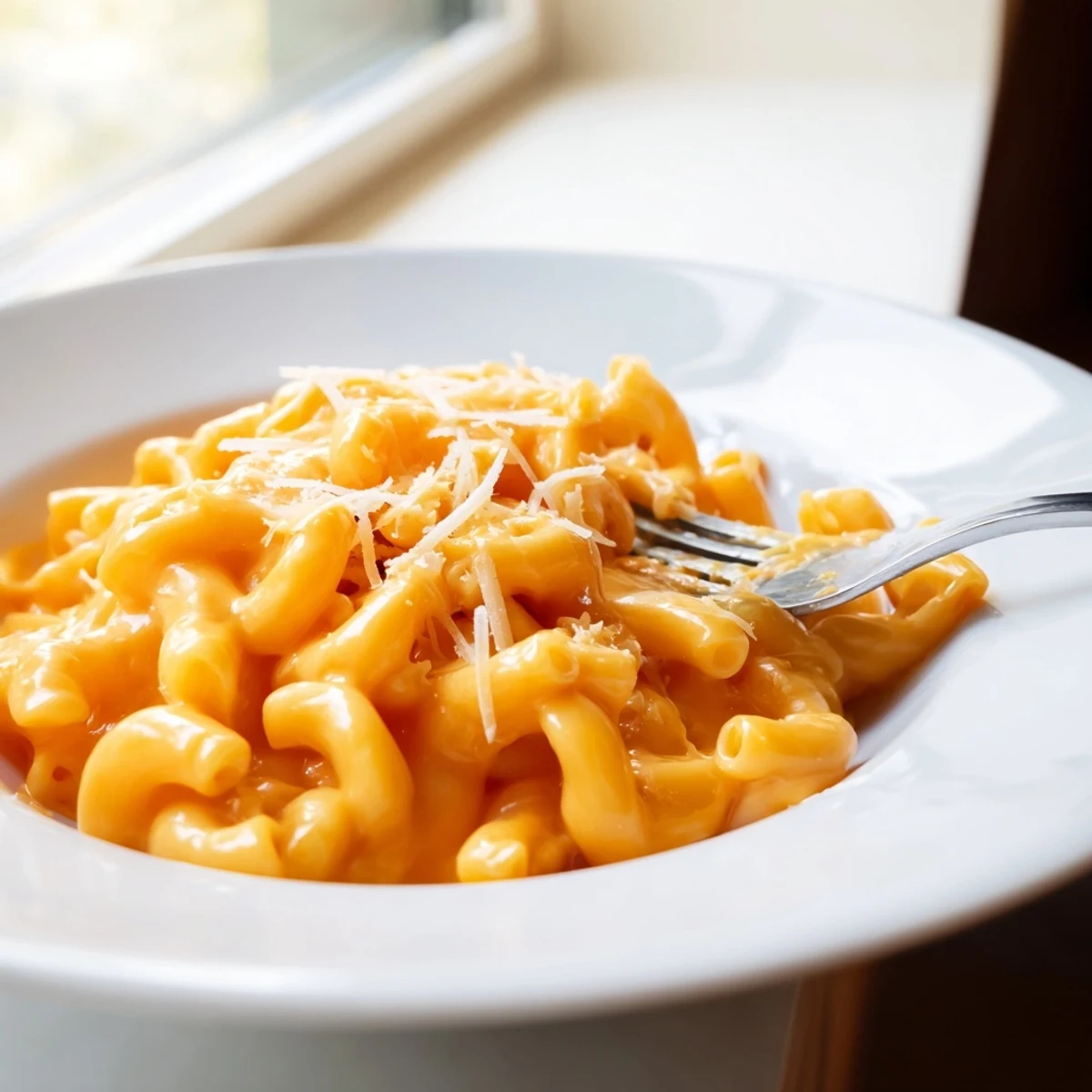 Golden baked mac and cheese casserole with gooey cheese pull and crispy parmesan crust