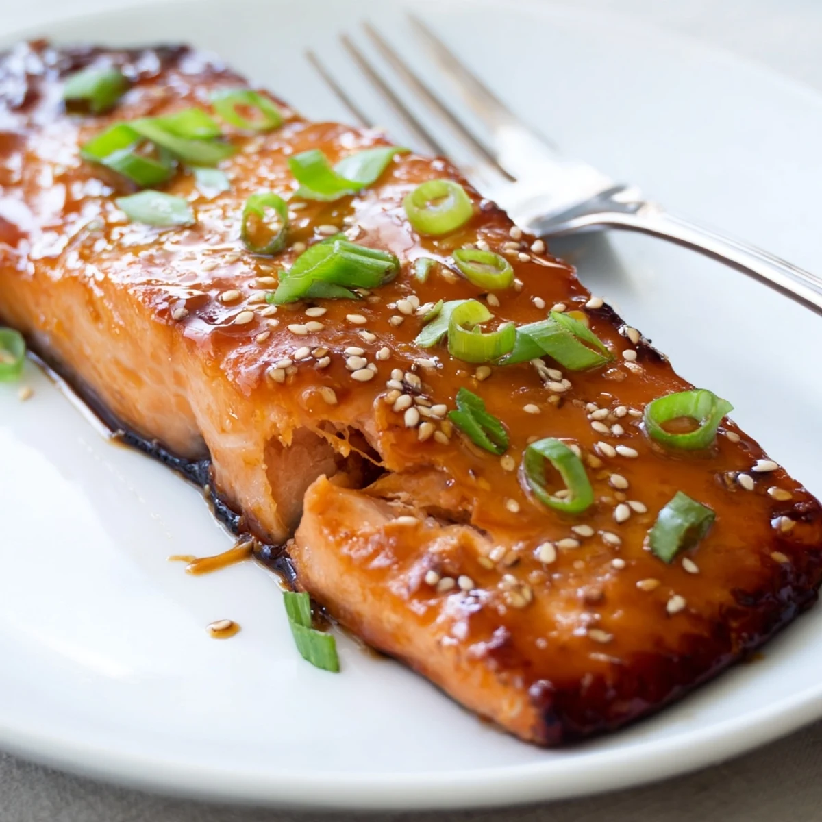 Gluten Free Teriyaki Salmon Recipe showing oven-roasted fillet glazed in glossy sauce