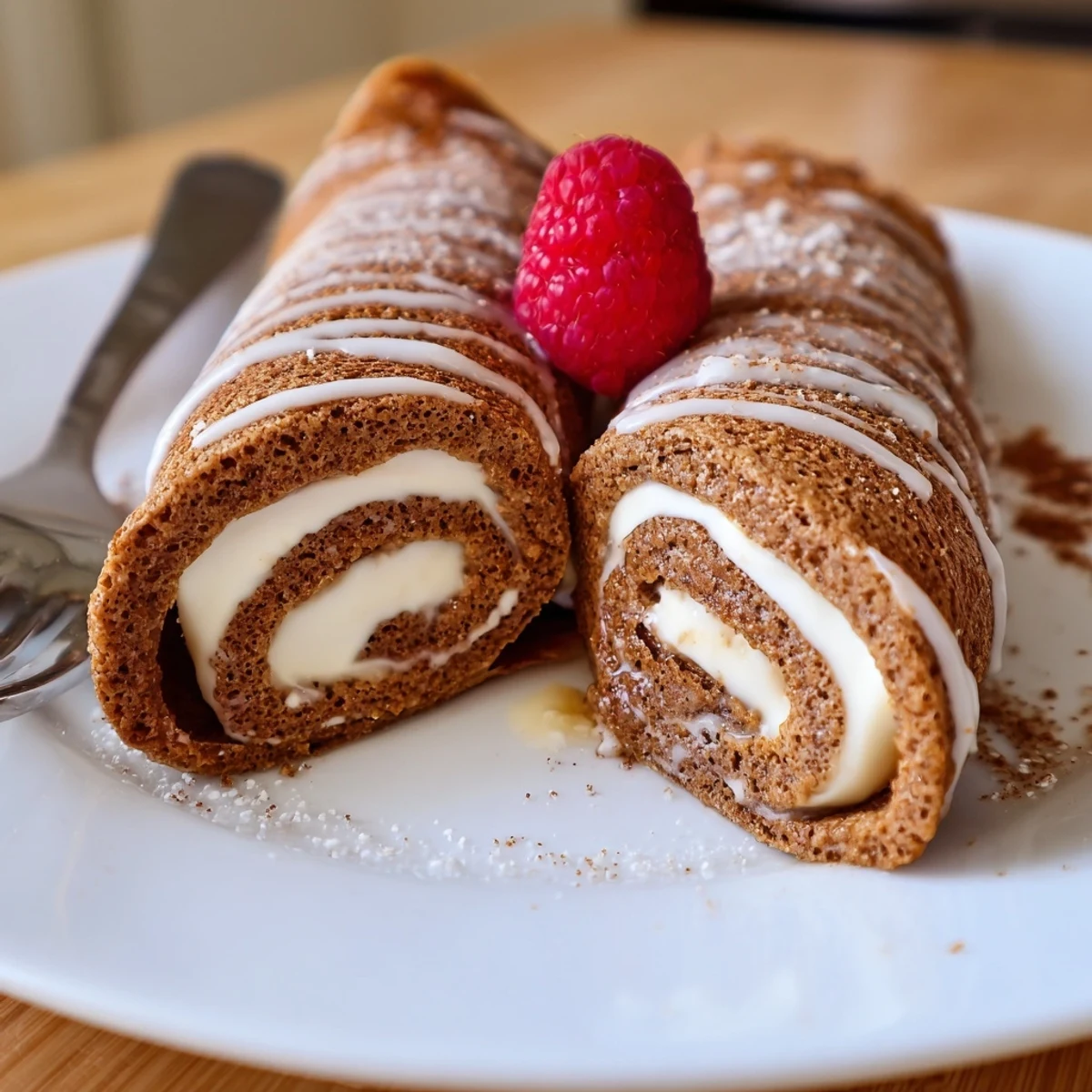 Warm Cinnamon Roll Protein Crepes Recipe, soft spirals, cinnamon aroma, light glaze.