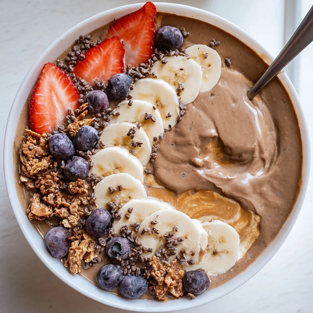 Creamy Coffee Protein Smoothie Bowl topped with granola, banana slices, berries
