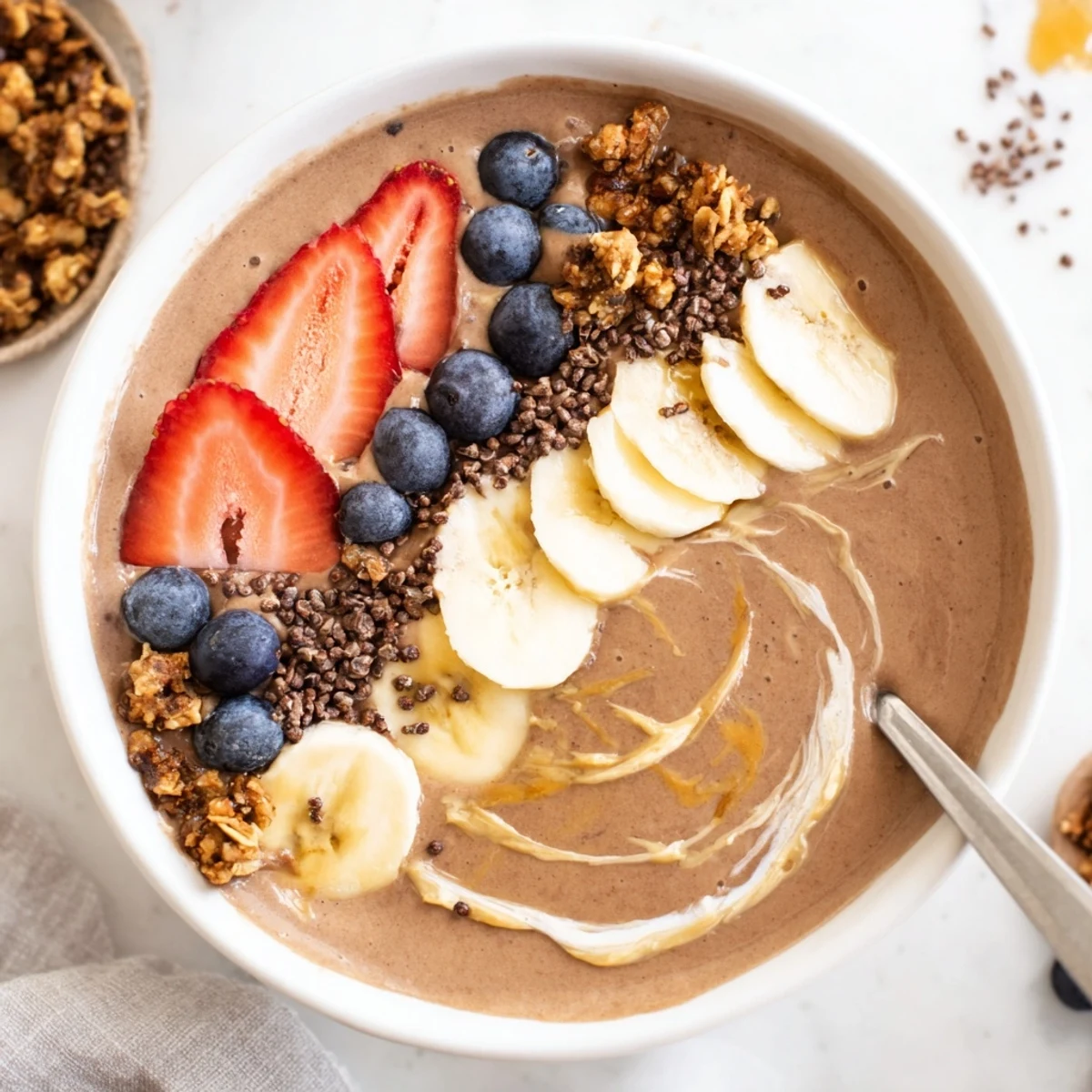 Velvety Coffee Protein Smoothie Bowl served in bowls with almond butter swirl
