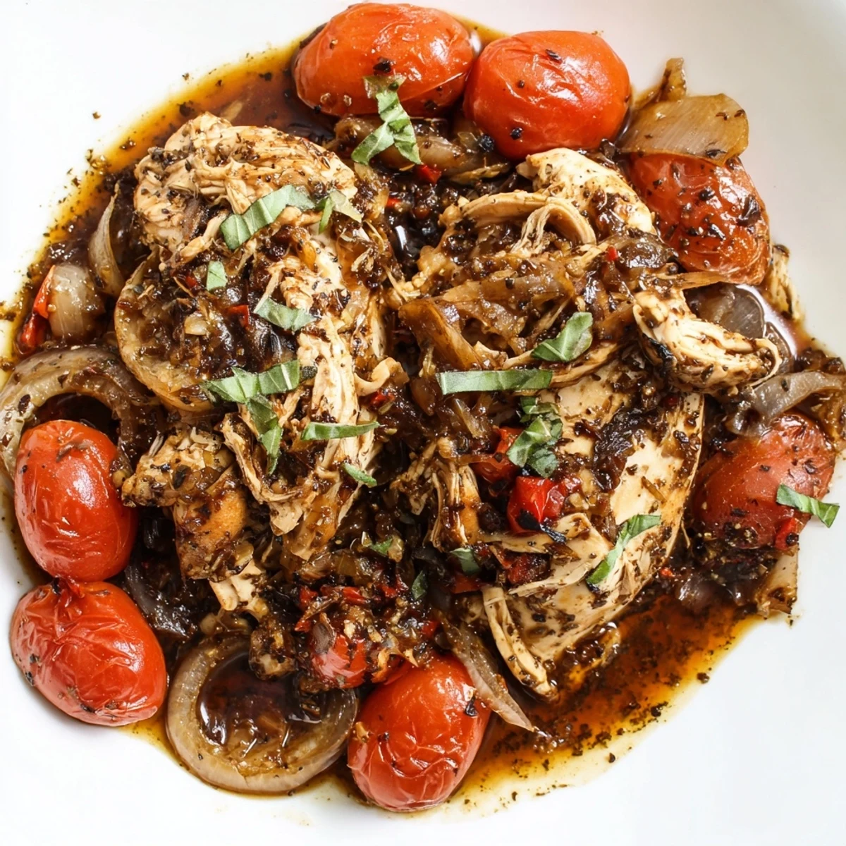 Slow Cooker Balsamic Chicken nestled in glossy, herb-flecked tomato balsamic sauce