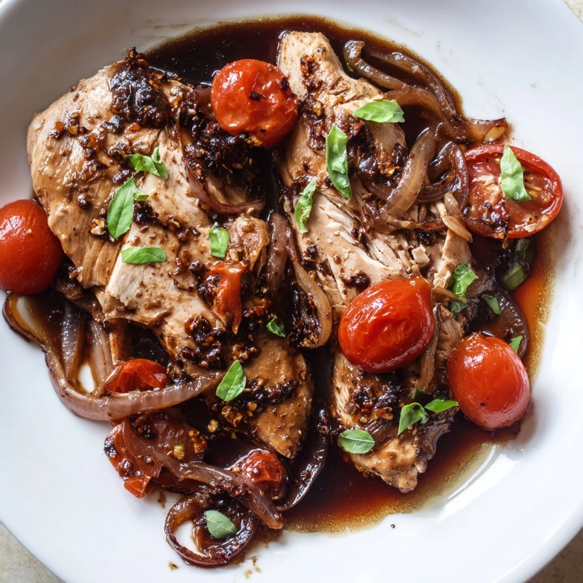Tender Slow Cooker Balsamic Chicken topped with fresh basil and juicy cherry tomatoes