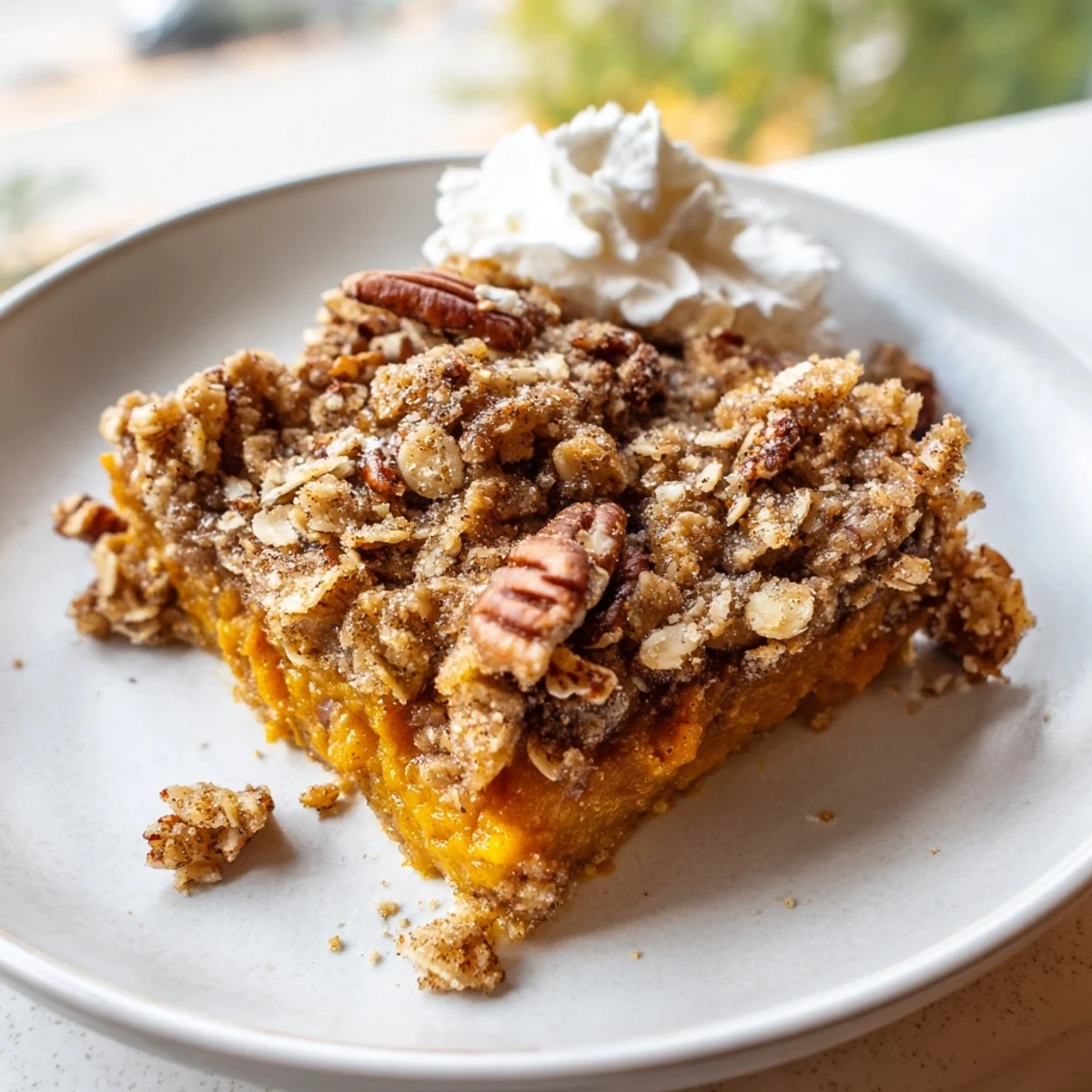 Golden buttery oat topping crowns a warm spiced pumpkin pie crisp dessert