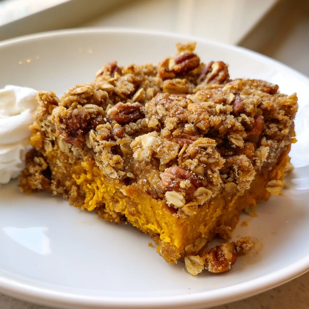Creamy cinnamon spiced pumpkin filling beneath a crunchy pecan oat crisp topping