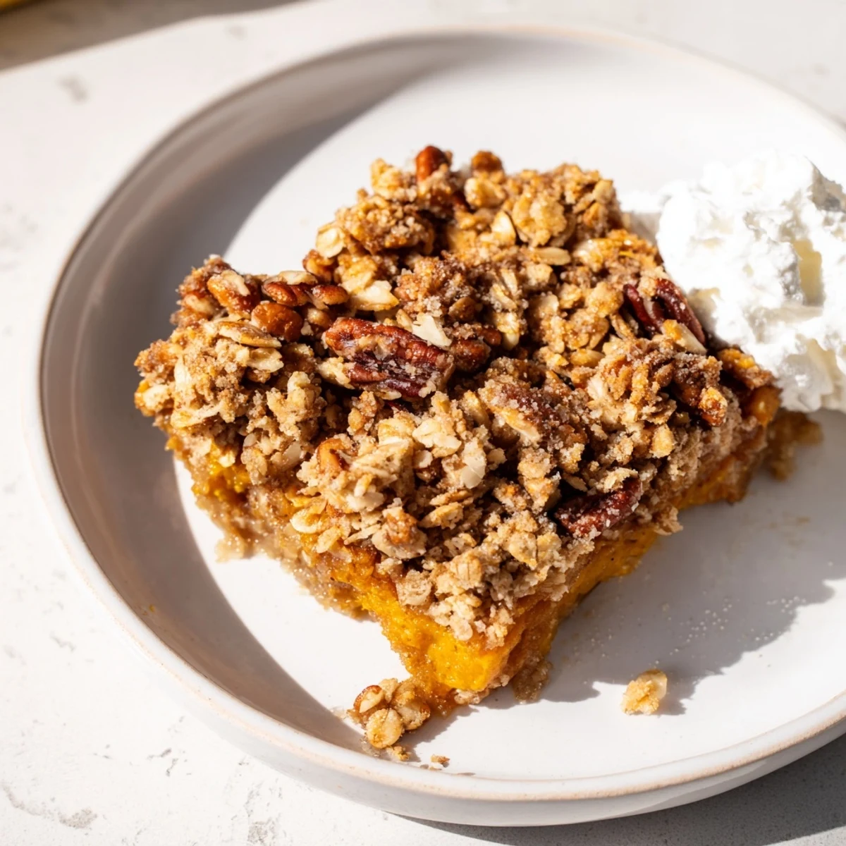 Warm pumpkin pie crisp scooped into a bowl with vanilla ice cream