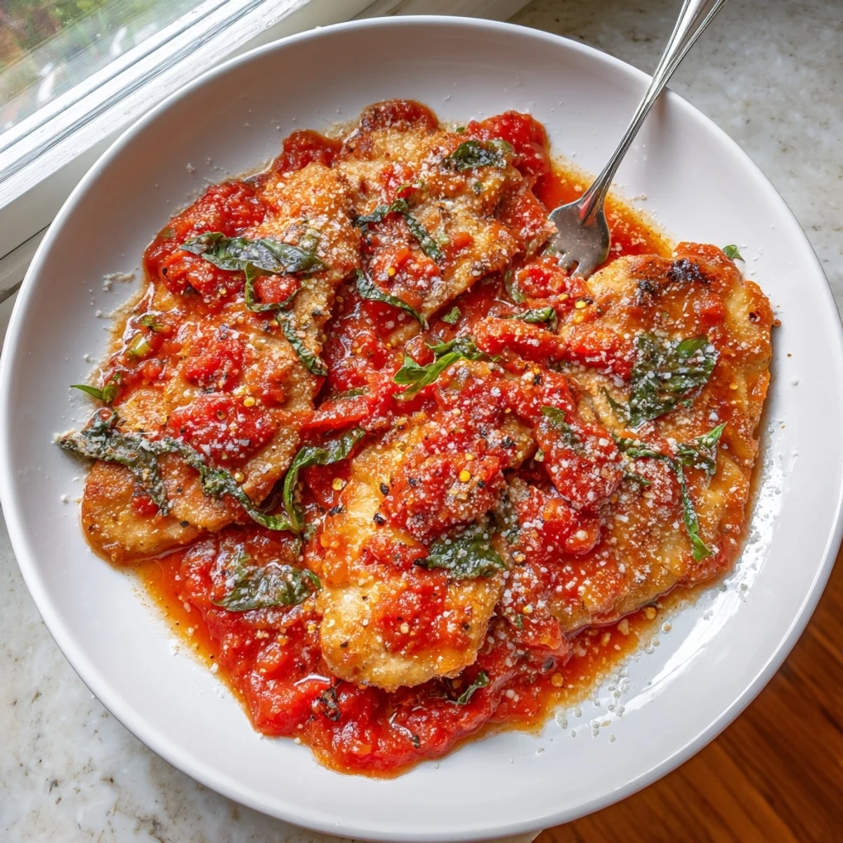 Golden seared Chicken Pomodoro Delight swimming in a rich, fresh tomato basil sauce