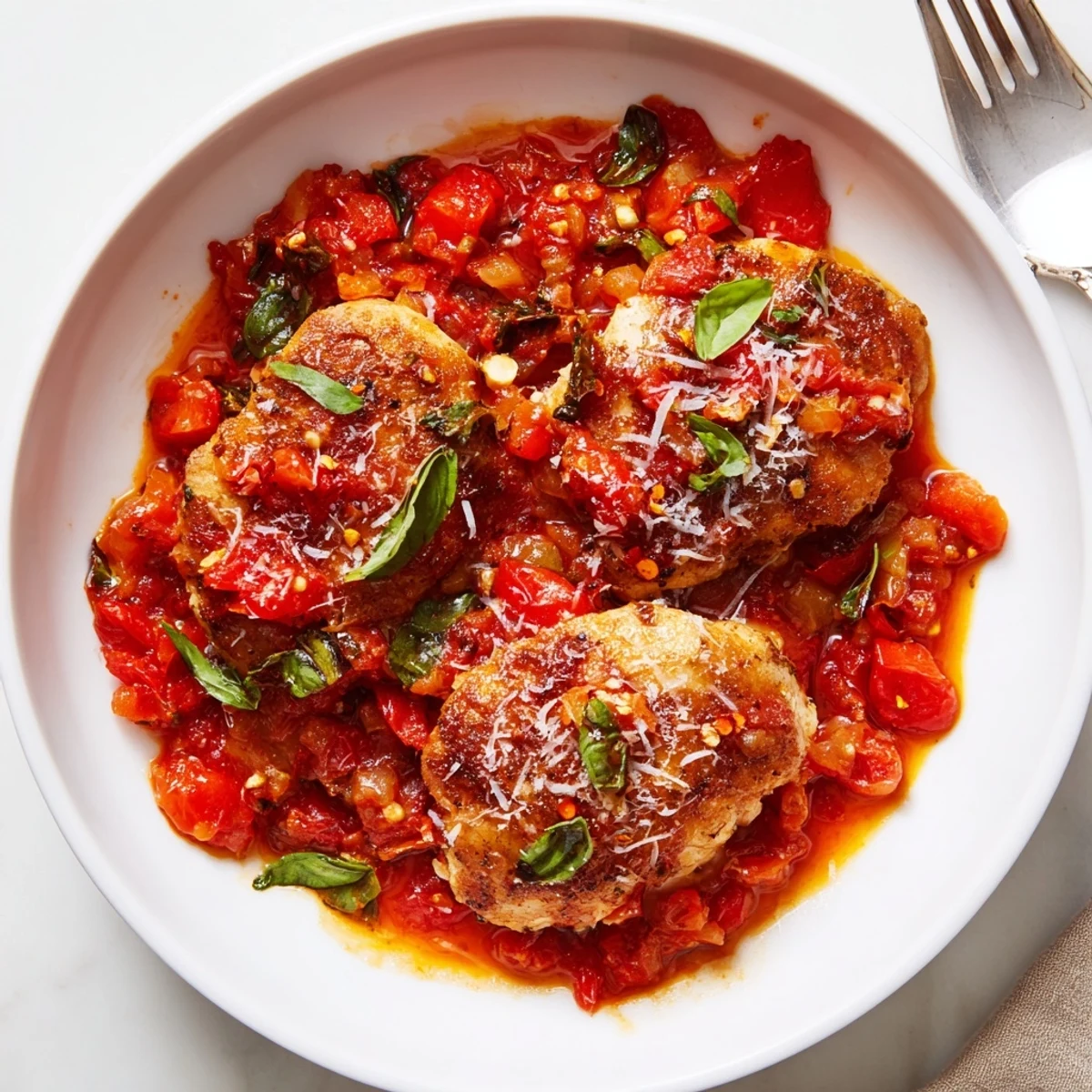 Steaming Chicken Pomodoro Delight in a deep red garlic tomato sauce ready to serve
