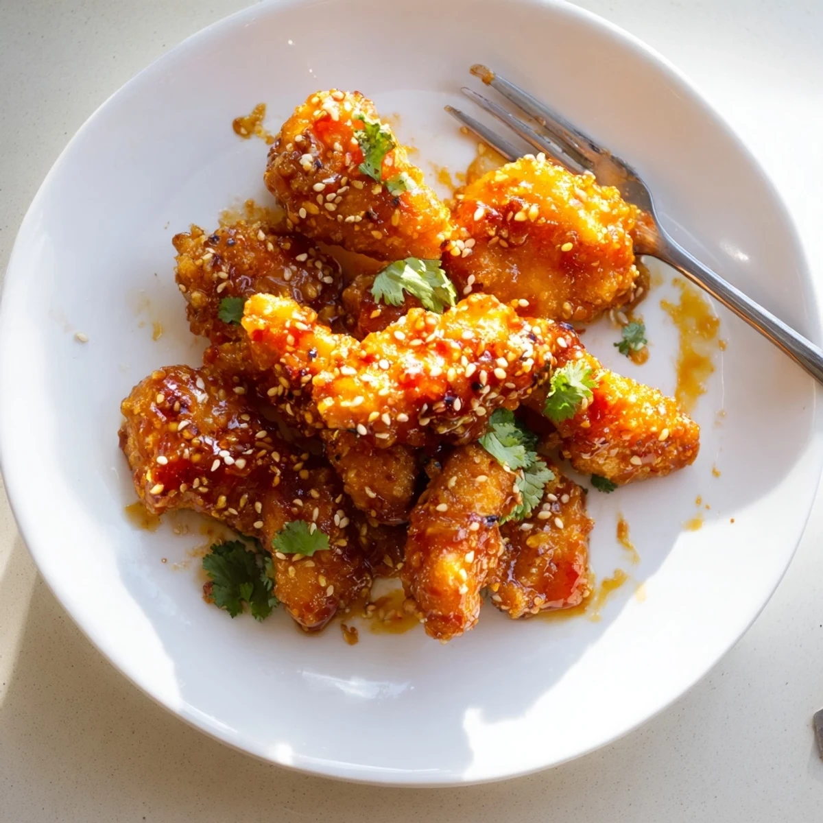 Crispy Thai sticky chicken fingers glistening with sweet chili glaze and sesame seeds on a platter