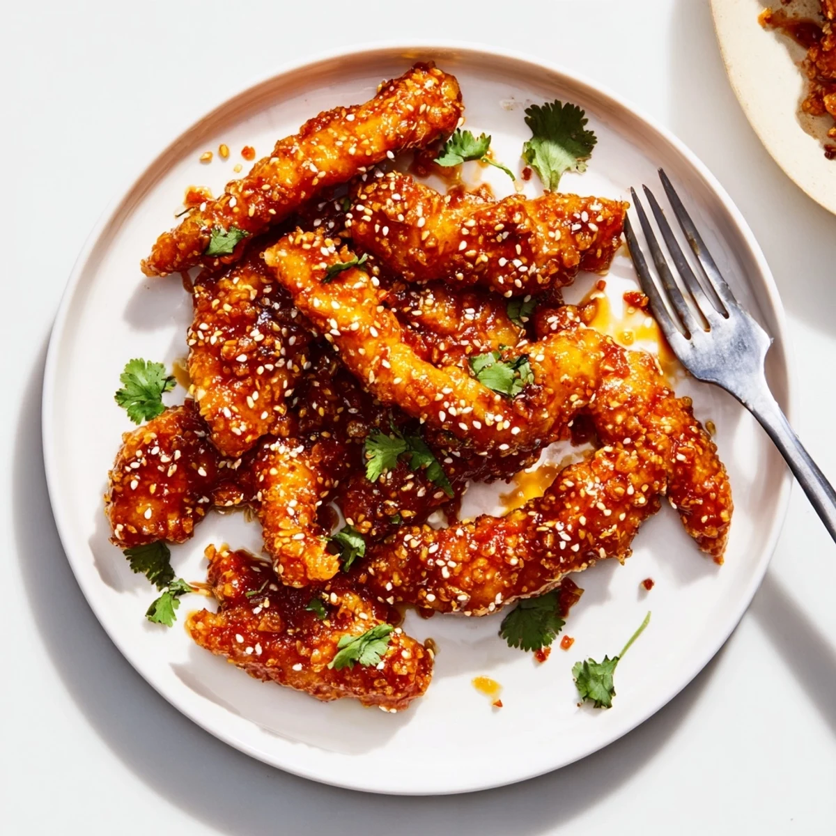 Golden Thai sticky chicken fingers coated in tangy honey sauce garnished with fresh cilantro
