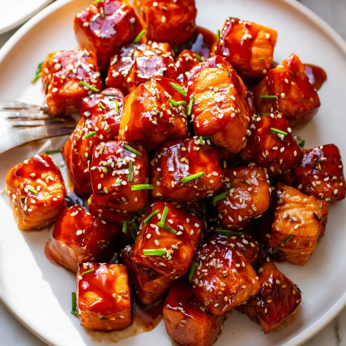 Crispy hot honey salmon bites drizzled with spicy-sweet glaze on a rustic plate