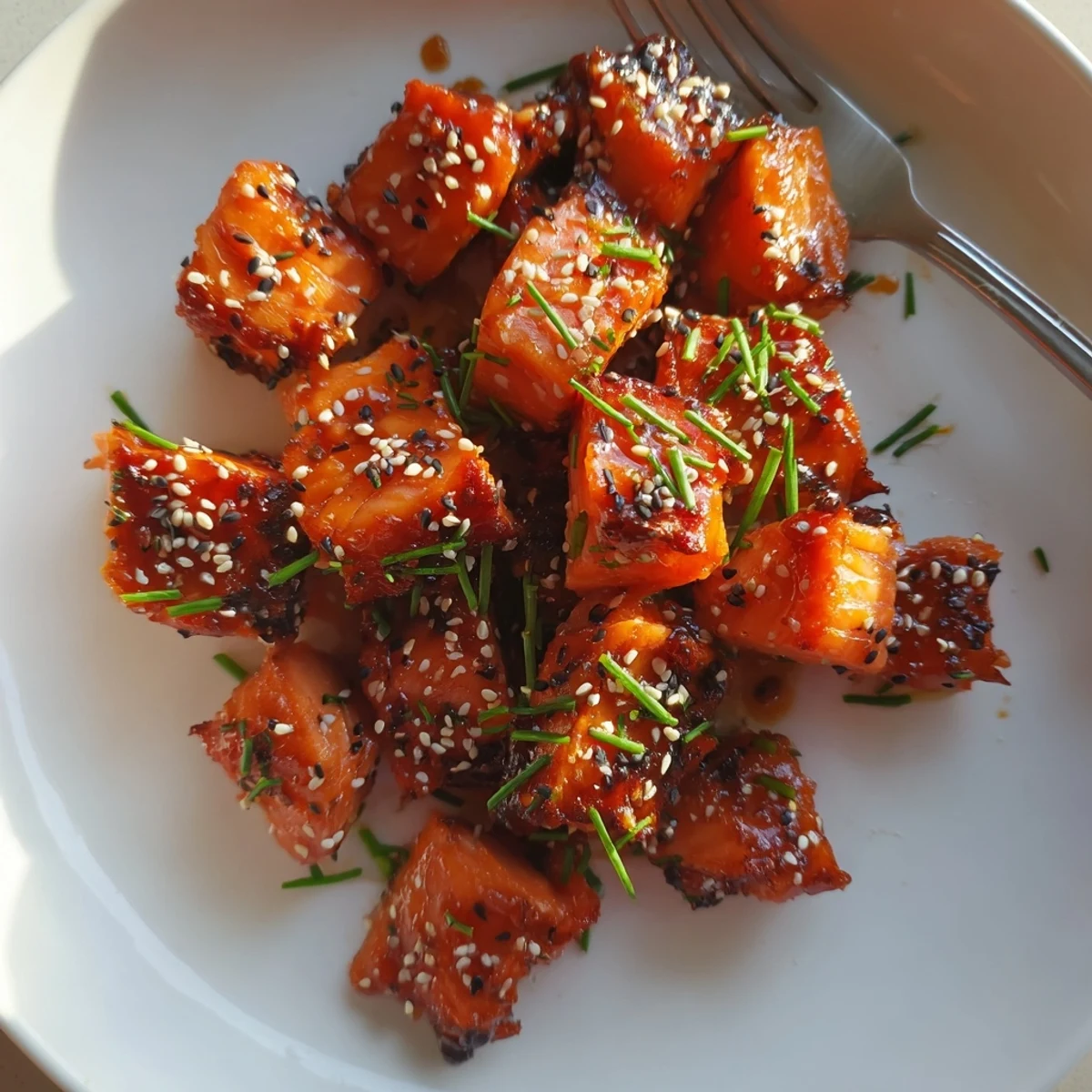 Glossy hot honey salmon bites served in lettuce cups with a sticky caramelized glaze