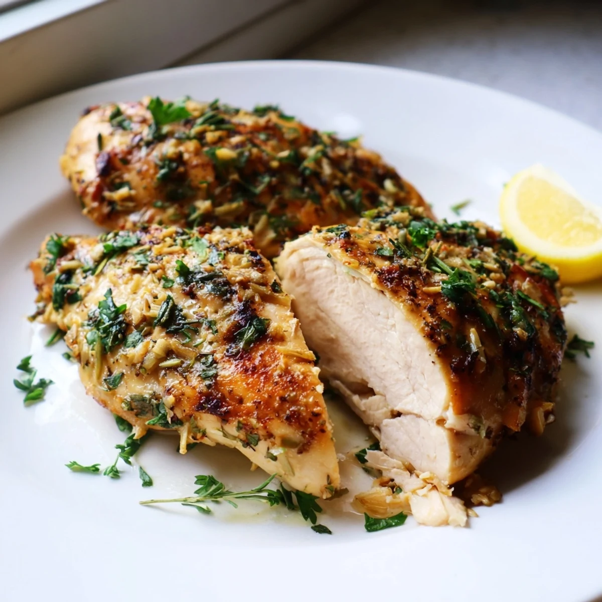 Golden roasted savory garlic herb chicken garnished with fresh parsley and lemon wedges
