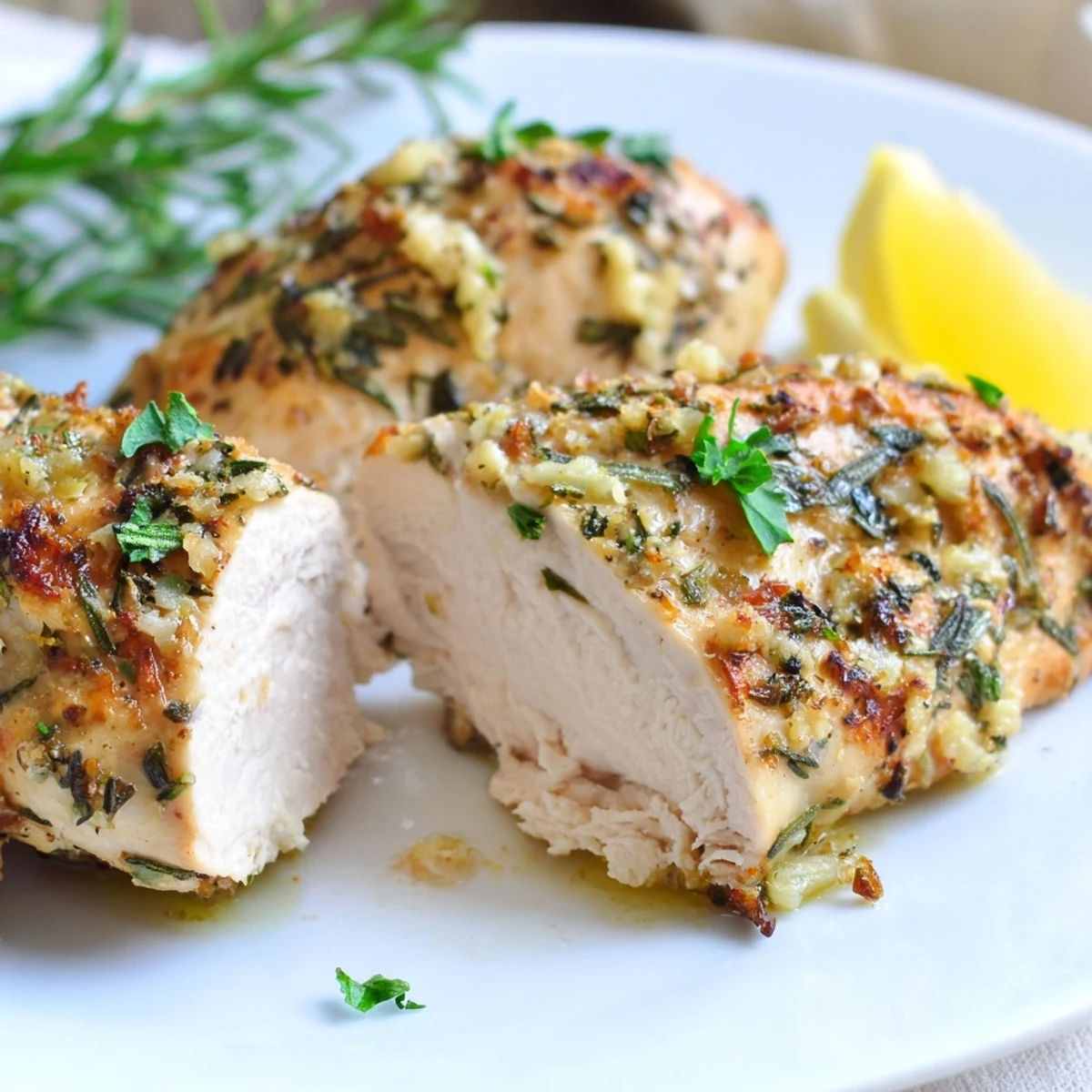 Juicy savory garlic herb chicken fresh from the oven with crispy herb edges