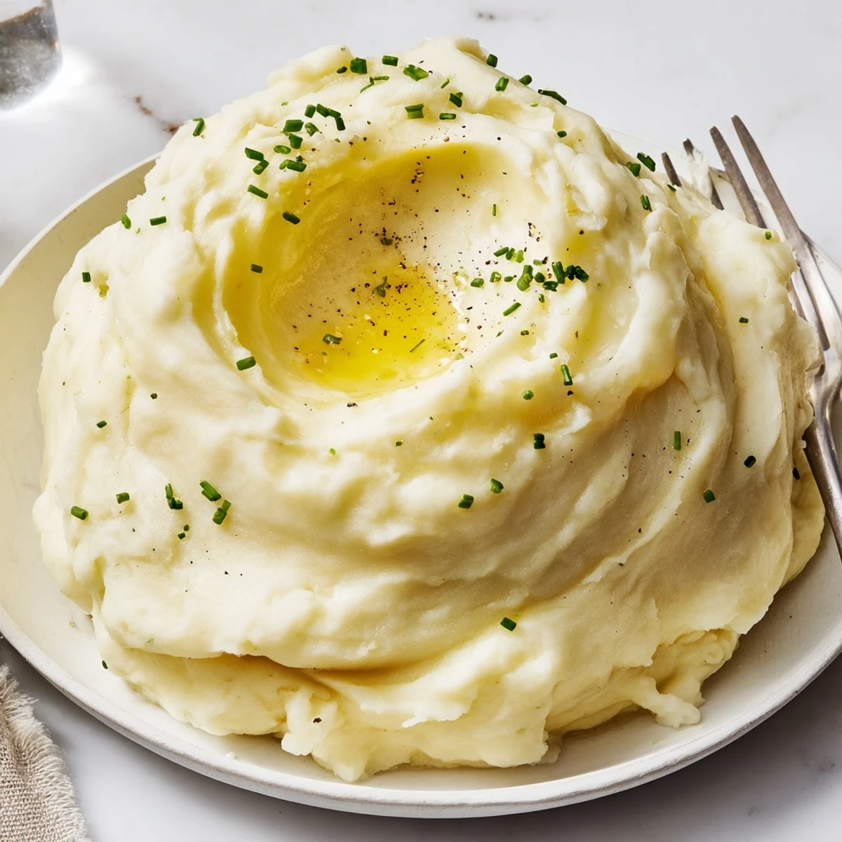 A steaming bowl of velvety mashed potatoes swirled with melted butter and fresh herbs