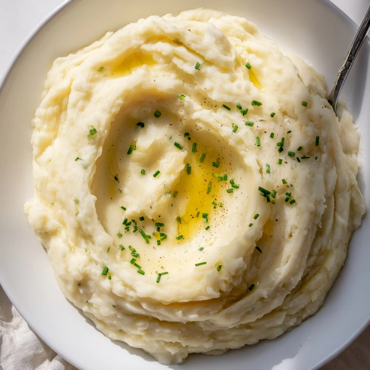 A close-up of velvety mashed potatoes topped with a golden butter pool and chives
