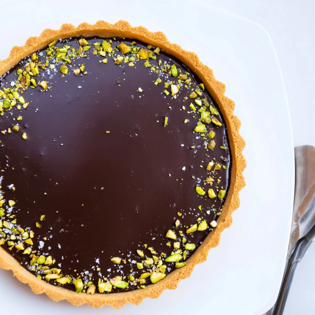 Silky dark chocolate pistachio tart sliced on a rustic wooden serving board