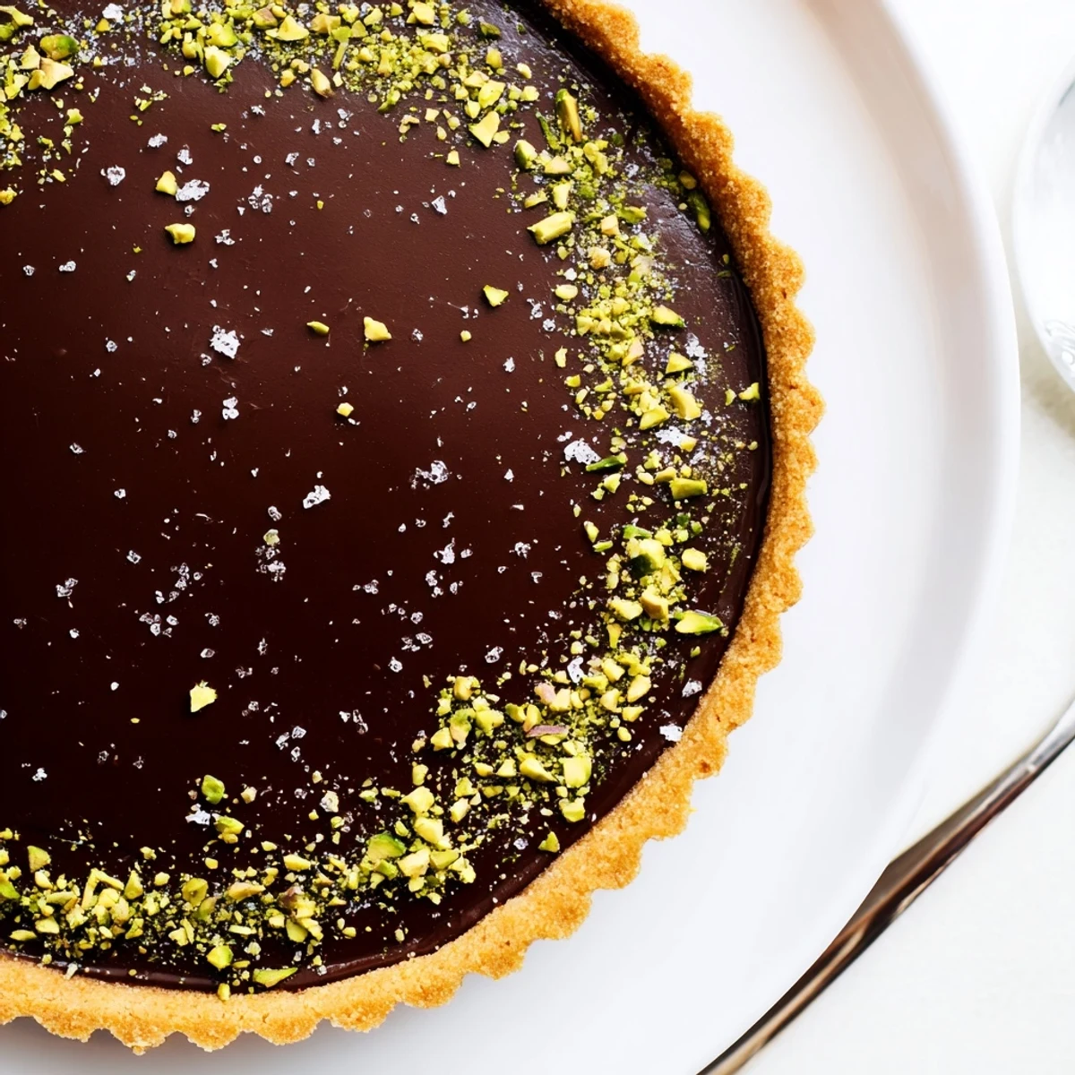 Dark Chocolate Pistachio Tart with glossy ganache topped with crushed green pistachios