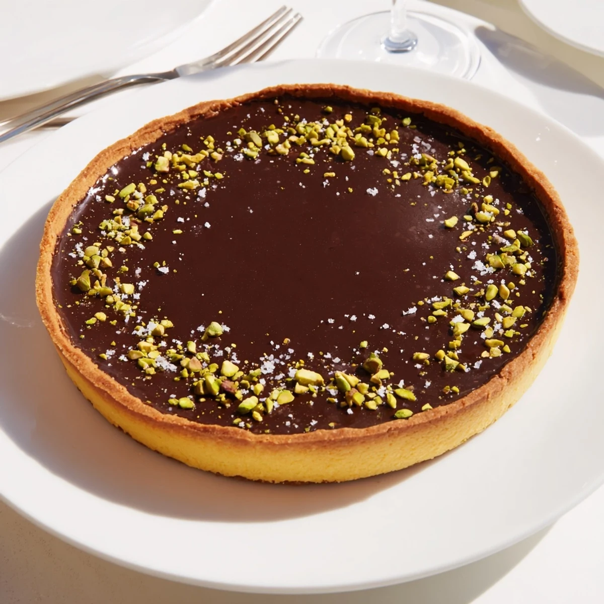 Dark Chocolate Pistachio Tart featuring a buttery nut crust and smooth ganache filling