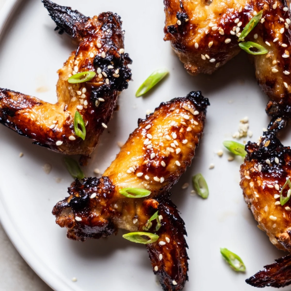 Golden miso honey marinated chicken wings glistening with a sticky caramelized glaze on a rustic platter