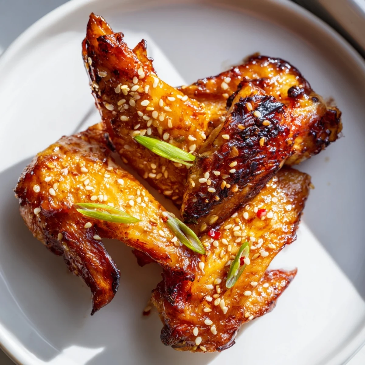Crispy roasted miso honey marinated chicken wings topped with sesame seeds and sliced green onions